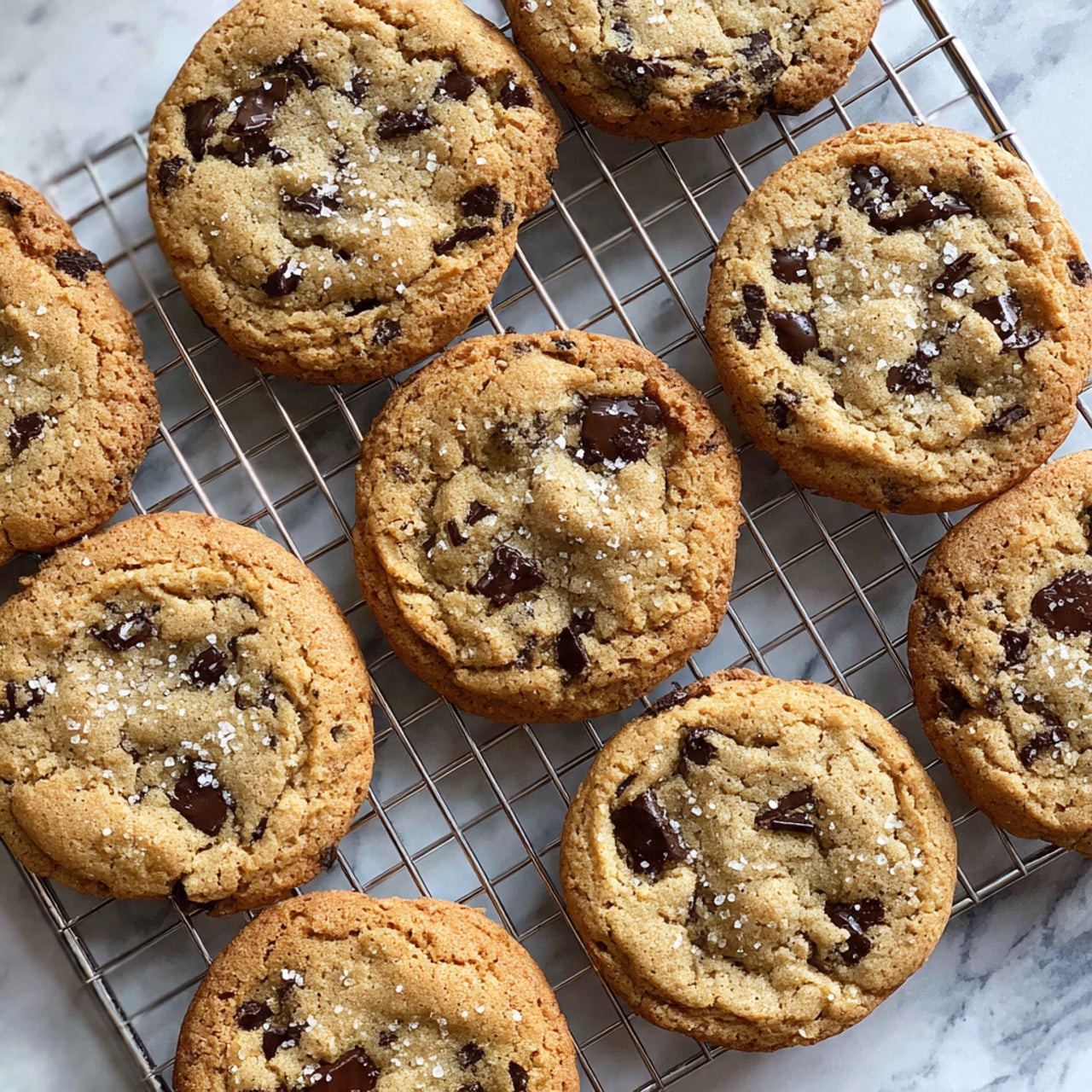 A stack of three round cookies sits on a white marbled surface, with the top cookie broken in half showing a soft, brown, crumbly inside with melted dark chocolate chips. Behind the stack, more cookies spread out on a silver cooling rack, all round with a cracked, sugar-coated brown texture. In the background, a clear glass of white milk is placed on the right side, and some brown pine cones are blurred out on the left side, all on the white marbled surface. photo taken with an iphone --ar 4:5 --v 7