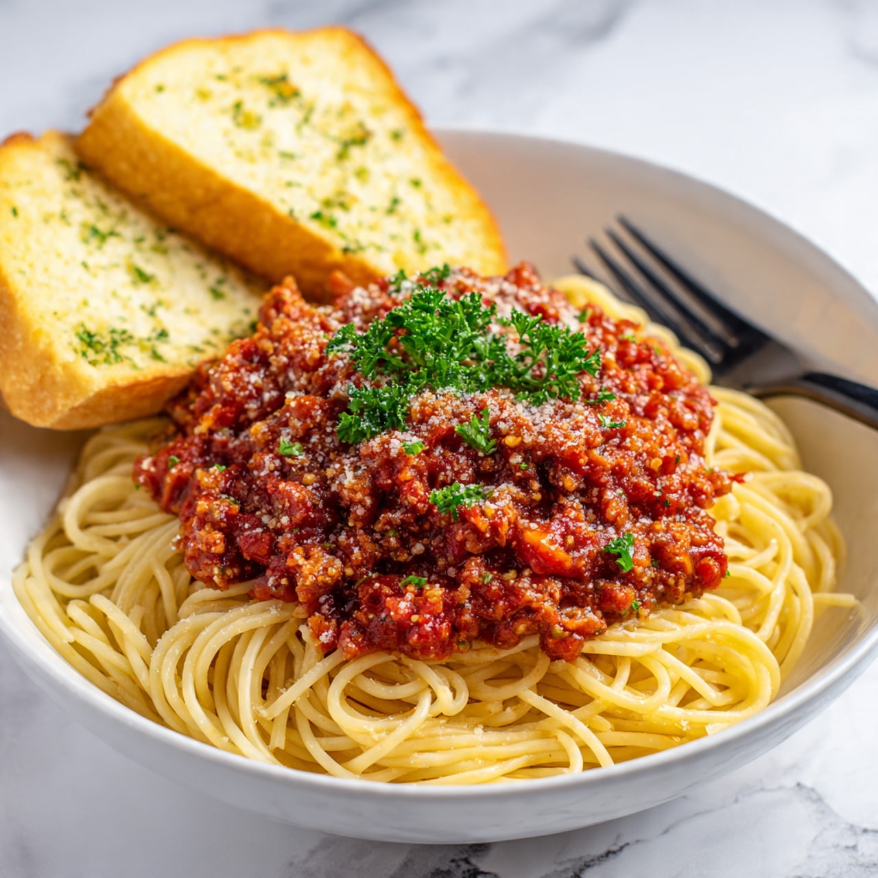 A silver metal pot sits on a white marbled surface, filled with plain cooked spaghetti noodles forming the base layer, light yellow in color and loosely piled. On top of the noodles is a single layer of thick, chunky red tomato sauce mixed with small bits of vegetables and herbs, centered in the pot. A wooden-handled black pasta tong rests inside the pot on the right side, partially submerged in the spaghetti and sauce. The pot's shiny metal handles are visible on the left and right sides. Photo taken with an iphone --ar 4:5 --v 7