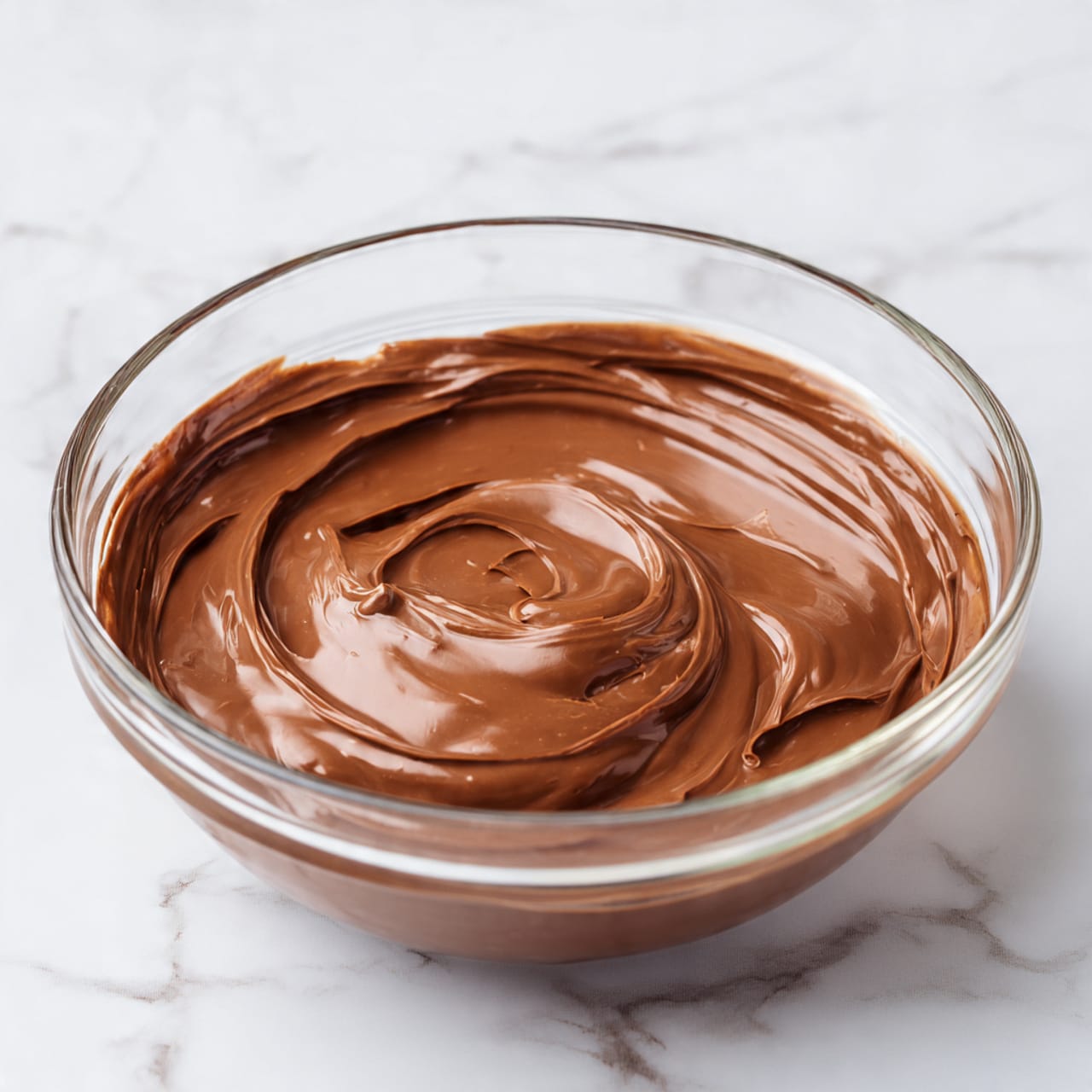 A clear glass bowl filled with smooth, shiny milk chocolate that has a creamy texture. The chocolate covers the bowl evenly with small swirls and gentle peaks visible on its surface, showing a slightly thick but soft consistency. The bowl sits on a white marbled surface that adds a clean and bright background to the rich brown chocolate inside. photo taken with an iphone --ar 4:5 --v 7