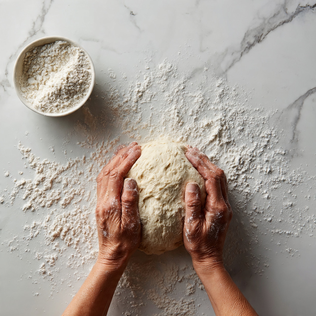 A pair of adult hands covered in flour is kneading a soft, pale dough on a white marbled surface dusted with scattered flour. The dough is a smooth, light beige color with a slightly sticky texture being stretched and folded by the hands from the top and bottom. To the left, there is a small white bowl filled with white flour. The scene focuses closely on the hands and dough, showing details of flour dust on the skin and the dough’s flexible, elastic surface. Photo taken with an iphone --ar 4:5 --v 7