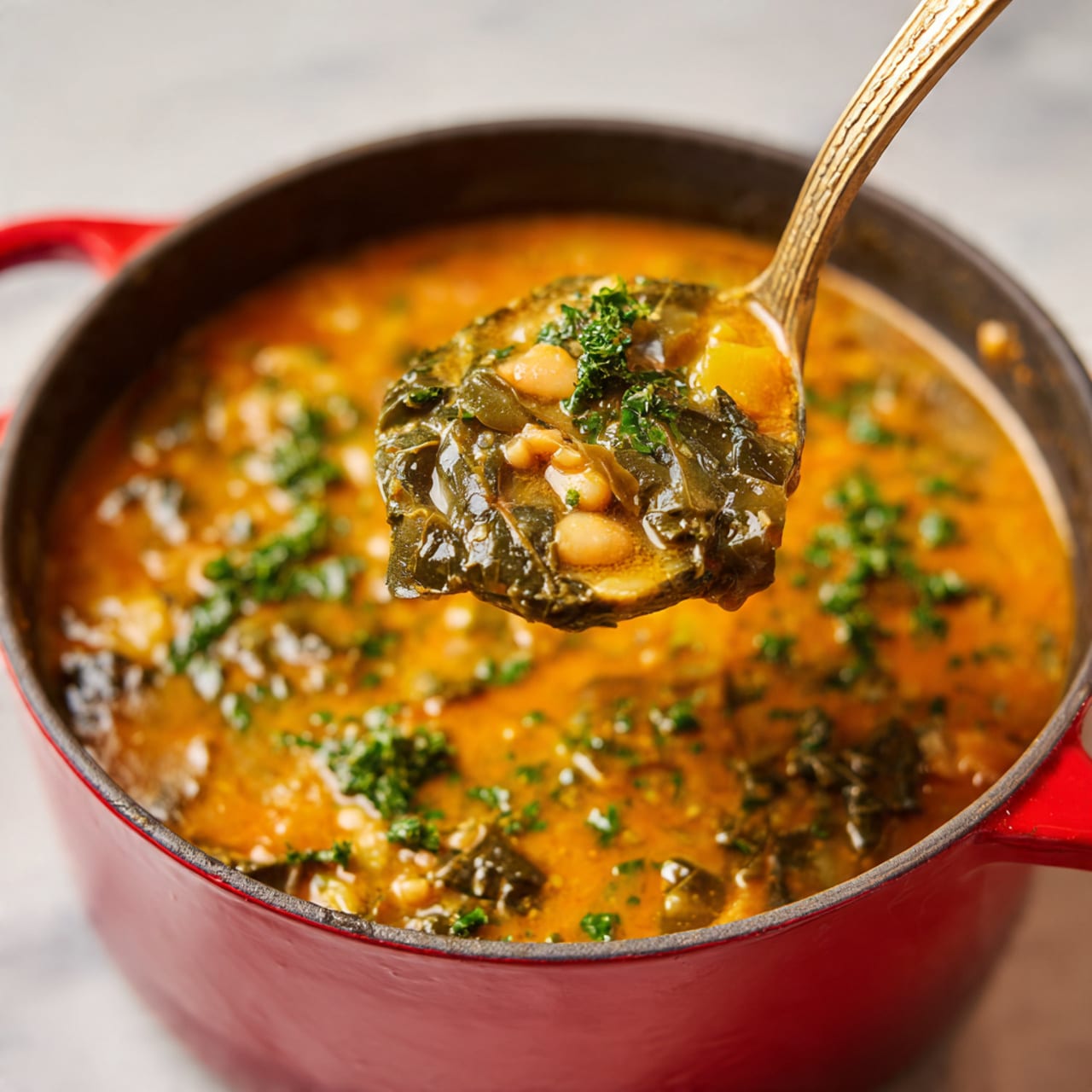 The image shows a red pot filled with a thick orange soup with visible green leafy pieces and small grains or beans, creating a textured and hearty appearance. A spoon lifts a scoop of the soup, showing chunks of green leaves and small light yellow pieces in the smooth soup base. The pot sits on a white marbled surface, and the soup has a creamy and rich texture with scattered fresh green herbs on top. Photo taken with an iphone --ar 4:5 --v 7