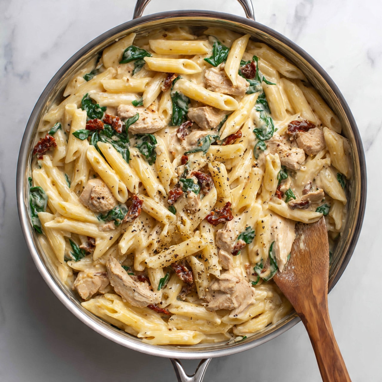 The image shows a close-up of a large stainless steel pan filled with creamy penne pasta mixed with green spinach leaves and pieces of chicken. The pasta is coated evenly with a smooth, light cream sauce that has a slightly yellowish-white color. Dark red bits of sun-dried tomatoes are scattered throughout, giving a contrast to the pale pasta. On the right side, a wooden spoon with creamy sauce residue rests inside the pan, leaning against the edge. The pan is on a white marbled surface with faint grey veins. The overall look is warm and inviting with light and shadow highlighting the creamy texture on the noodles and the bright green spinach leaves. Photo taken with an iphone --ar 4:5 --v 7