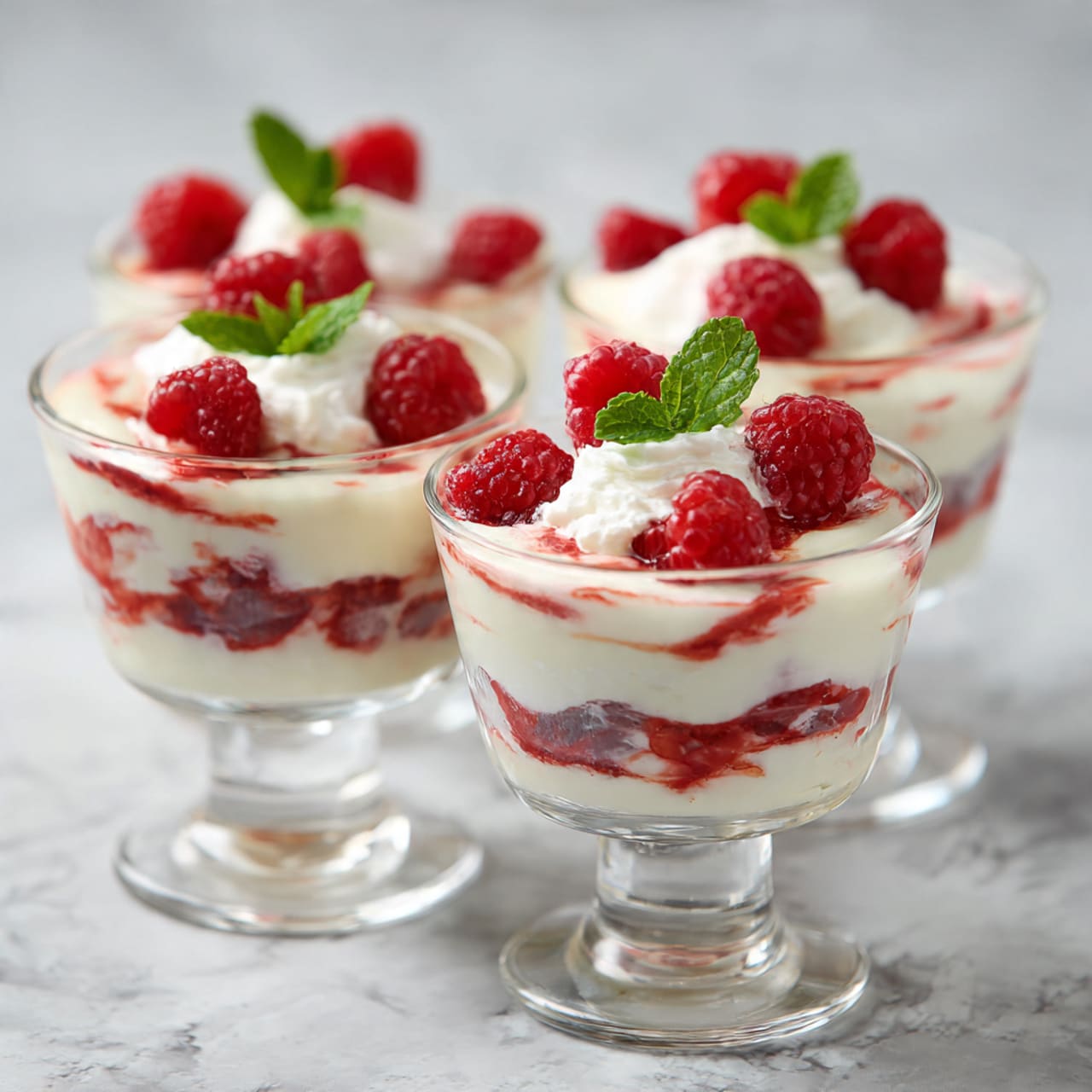Four clear glass dessert cups are placed on a white marbled surface. Each glass has three layers, starting with bright red raspberries at the bottom, followed by a creamy white layer in the middle, then a ring of raspberries just above it, and a final dollop of smooth cream on top. The raspberries are fresh and slightly shiny, and the cream looks soft and thick. To the right side of the image, there are three silver spoons resting on the white marbled surface. The overall look is fresh and simple. Photo taken with an iphone --ar 4:5 --v 7