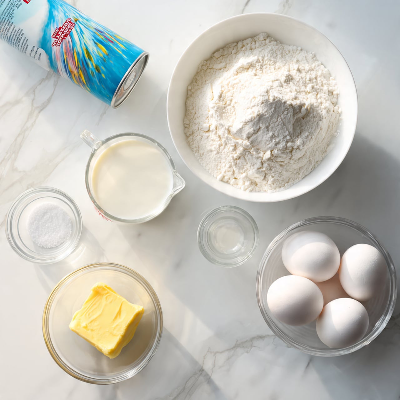 A kitchen scene shows six items on a white marbled surface: a white bowl filled with four white eggs at the bottom right, a clear glass measuring cup with white milk at the top center, a white bowl filled with white flour to the top left, a small clear glass bowl with a small yellow square of butter below the flour, another small clear glass bowl with a small amount of white salt salt to the left of the butter, and a blue can of vegetable oil spray with colorful swirls on it at the far right. The items are spaced evenly and well lit, with clear visibility of textures like the powdery flour and smooth eggshells. photo taken with an iphone --ar 4:5 --v 7
