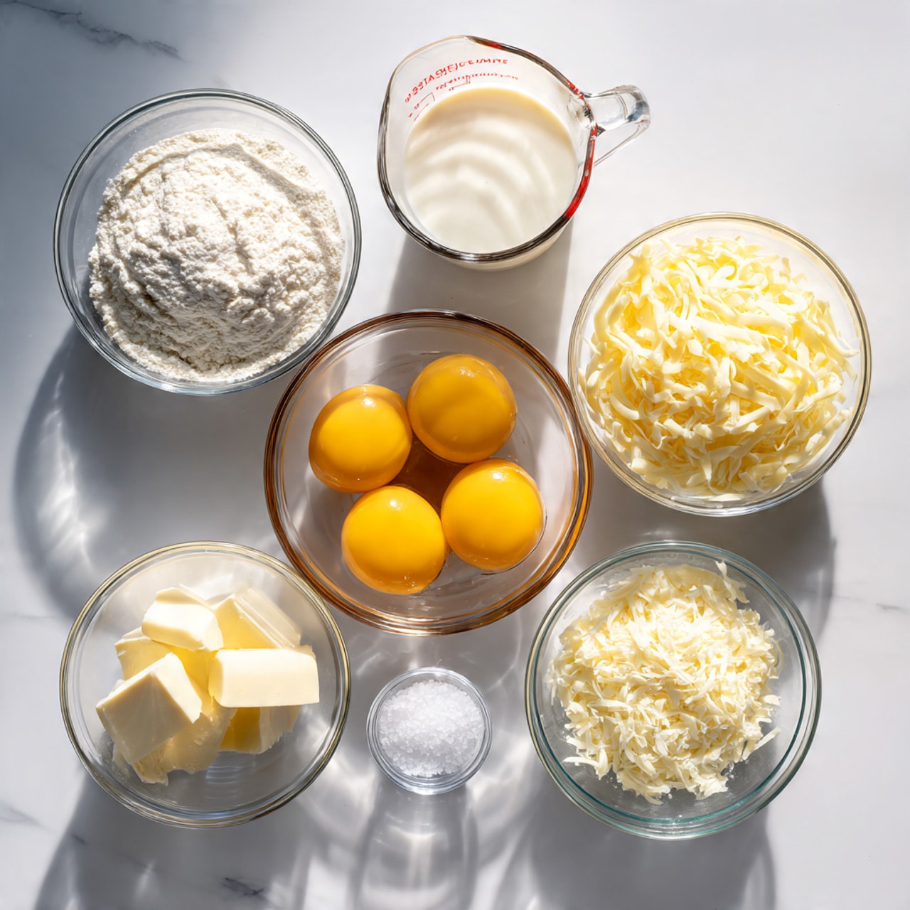 The image shows six clear glass bowls arranged on a white marbled surface. The largest bowl in the center holds five whole raw eggs with bright yellow yolks and clear whites. To the left of the eggs, a medium bowl is filled with white flour, and above it is a small bowl with a square piece of pale yellow butter. To the right of the eggs, a medium bowl contains finely shredded pale yellow cheese. Above this bowl is a large measuring cup filled with white milk, showing measurement markings on the side. Between the flour and shredded cheese bowls is a very small bowl with white granulated salt. The light is soft and natural, casting gentle reflections on the glass. Photo taken with an iphone --ar 4:5 --v 7