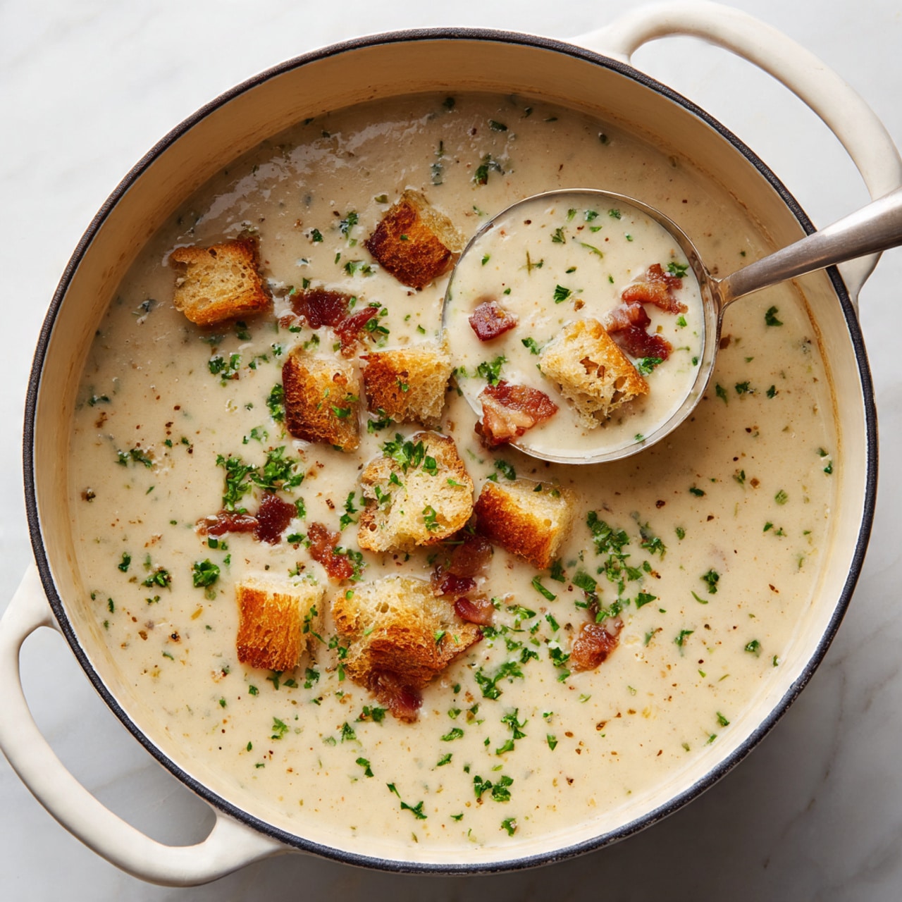 Two white bowls filled with creamy light beige soup sit on a white marbled surface. Each bowl has several golden-brown seasoned croutons floating on top, along with small green chopped herbs and red bits of seasoning scattered over the soup. A small white bowl to the left contains extra croutons, and a very small bowl above it is filled with finely chopped green herbs. A woman's hand is holding a spoon with a wooden handle, dipping into the soup in the lower bowl, lifting a bit of the creamy soup with a crouton and green herb on it. A gray and white striped cloth rests at the bottom left corner. Photo taken with an iphone --ar 4:5 --v 7