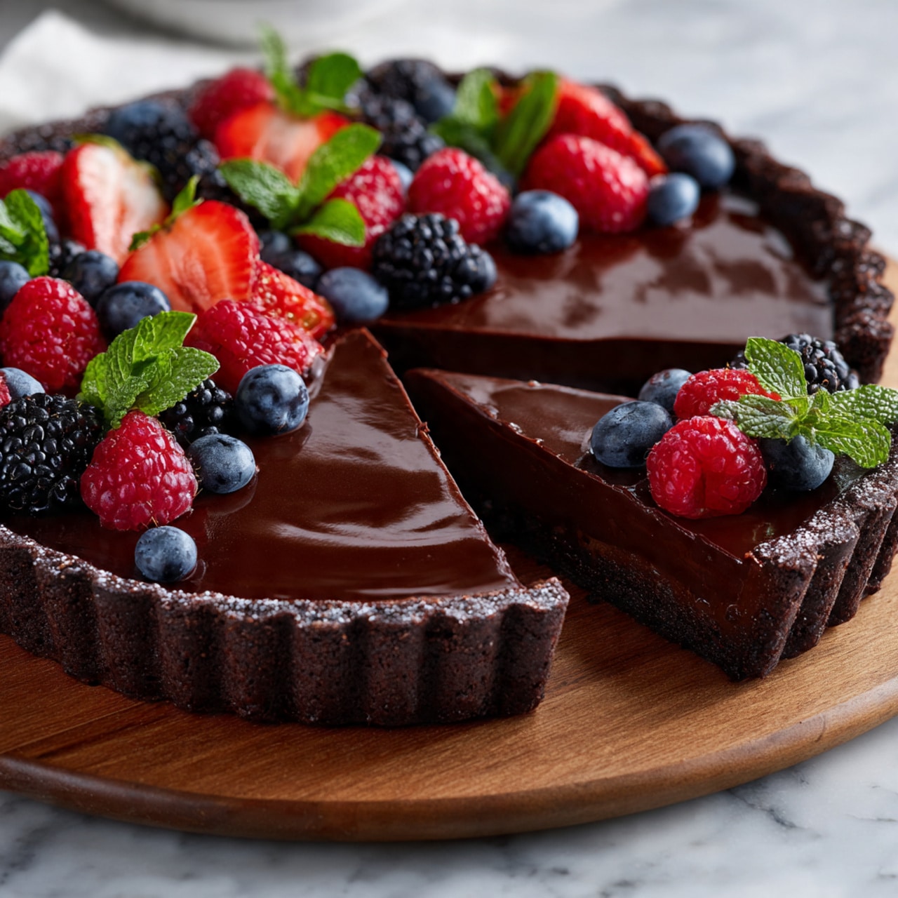 A round chocolate tart with a shiny, smooth dark chocolate top layer sits on a wooden board over a white marbled surface. The tart is sliced into six pieces, with one slice partially pulled out showing a thick, rich, and glossy chocolate filling over a dark crust base. Half of the tart is decorated with fresh berries including bright red raspberries, blueberries, blackberries, and sliced strawberries, along with sprigs of fresh green mint leaves, arranged neatly on one side. The contrast between the dark chocolate and colorful berries gives a fresh and rich look. Photo taken with an iphone --ar 4:5 --v 7