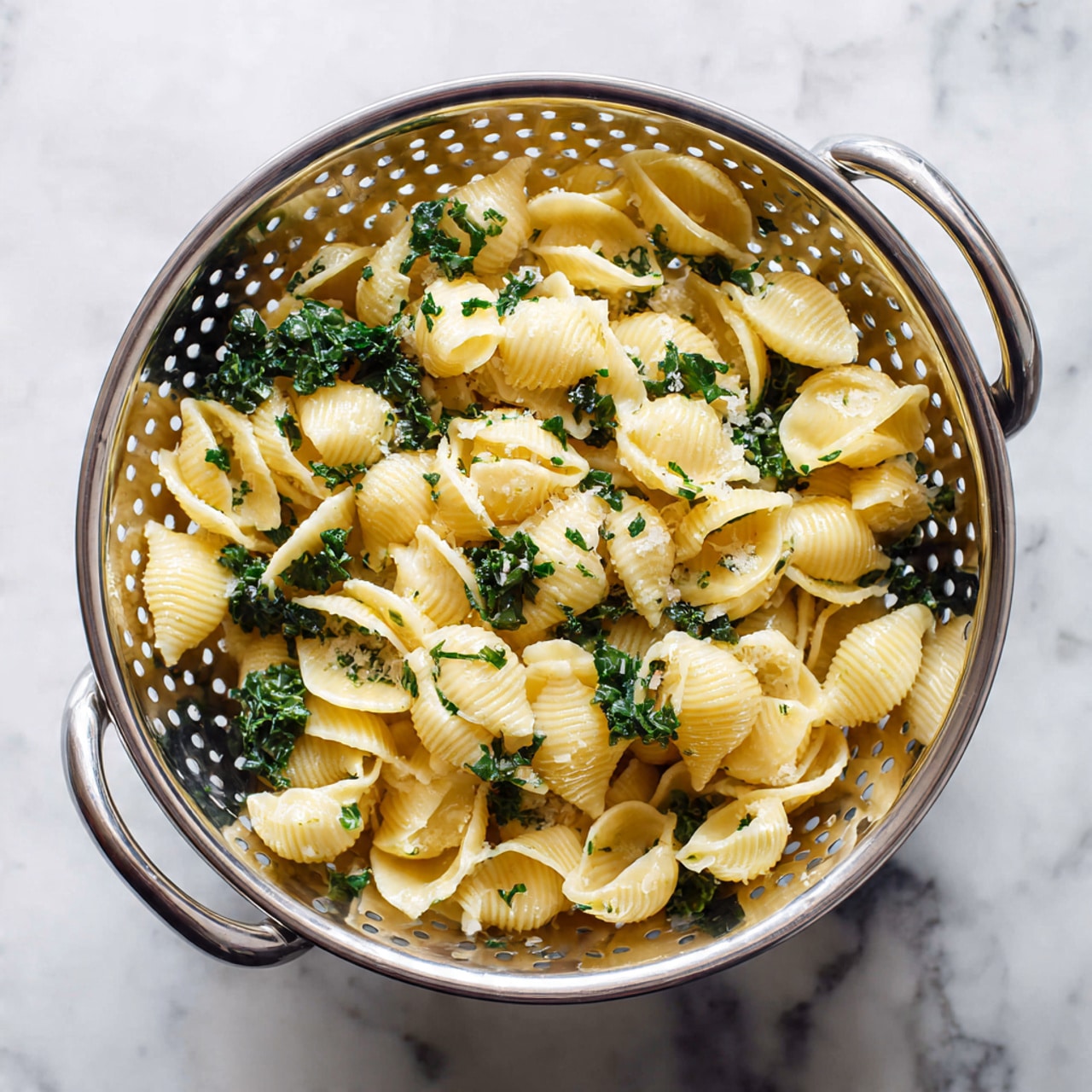 A shiny silver colander filled with one layer of cooked shell pasta that is light yellow in color and slightly glossy in texture, mixed with small bits of dark green kale scattered evenly throughout. Steam rises gently from the pasta, and the colander sits on a white marbled surface. The colander has cut-out patterns along the sides and two handles. Photo taken with an iphone --ar 4:5 --v 7