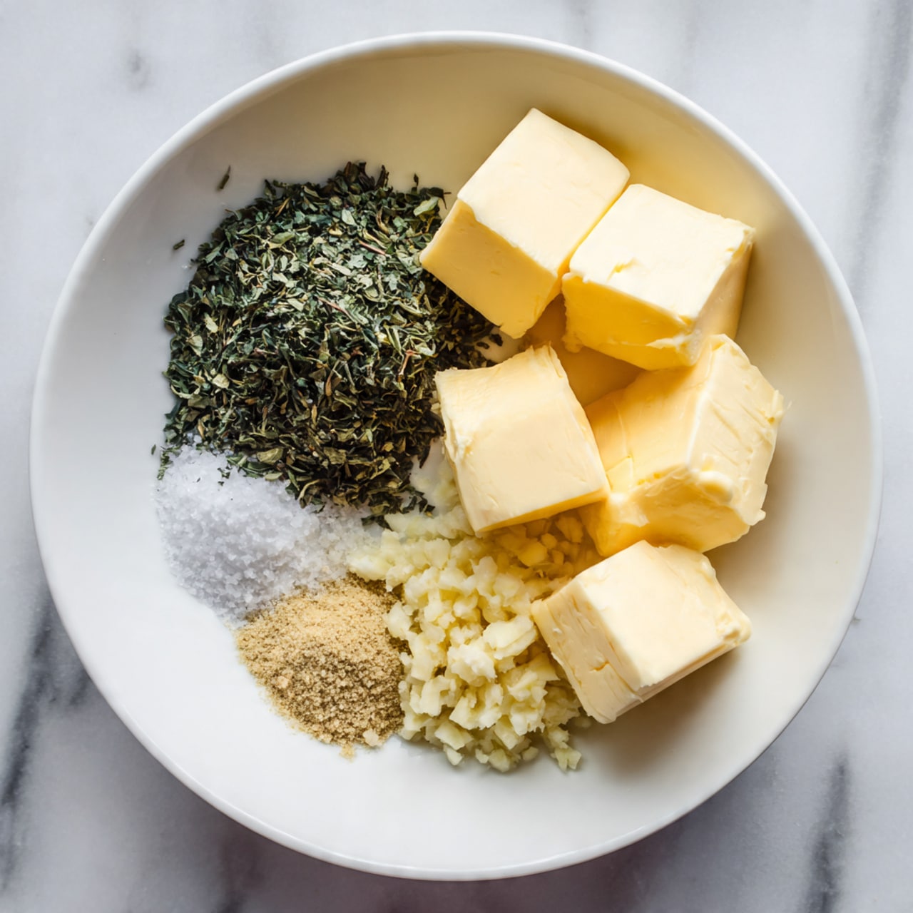 A white bowl on a white marbled surface holds several ingredients arranged separately. There are six pale yellow butter cubes stacked mostly on the right side. To their left, a small pile of dark green dried herbs sits beside light beige minced garlic at the bottom right. Next to the garlic is a small mound of light brown seasoning, and atop the butter cubes is a small pile of white salt. The ingredients show different textures from soft butter to finely chopped herbs and granular spices photo taken with an iphone --ar 4:5 --v 7