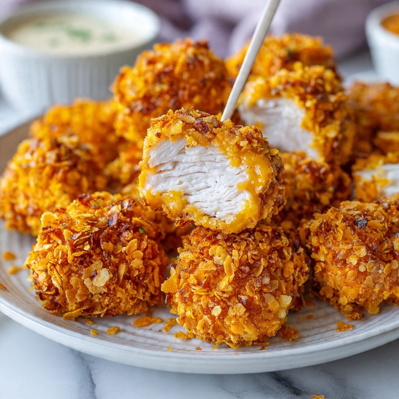 A white plate filled with many golden-brown, crunchy nuggets that have a crispy, crumbly coating with an uneven texture from crushed pieces. In the middle and back of the plate, there is a small white bowl with thick, smooth, yellow dipping sauce shaped with soft waves on the surface. One nugget is stuck vertically with a toothpick and dipped slightly into the sauce. The background shows a white marbled texture, and a woman's hand is holding a nugget near the left side. Photo taken with an iphone --ar 4:5 --v 7