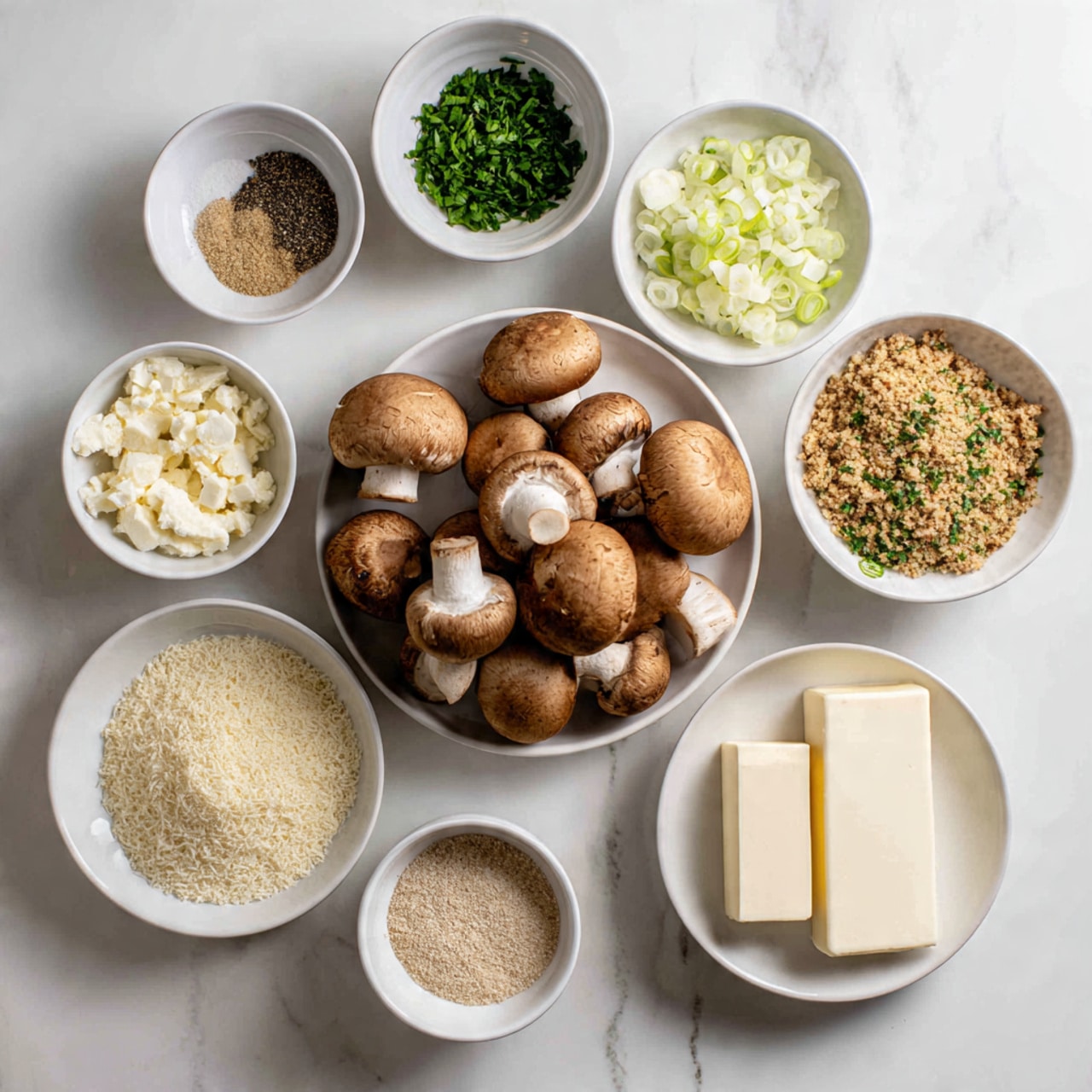 The image shows several white bowls arranged on a white marbled surface, each holding different ingredients. In the center, a white plate holds a pile of whole brown mushrooms. Surrounding it are small white bowls containing chopped green herbs, a mix of salt and pepper, grated cheese, light brown breadcrumbs, minced garlic, oil, finely chopped shallots, two blocks of cream cheese, and a portion of ground meat on another white plate. The ingredients are neatly placed and clearly visible. photo taken with an iphone --ar 4:5 --v 7