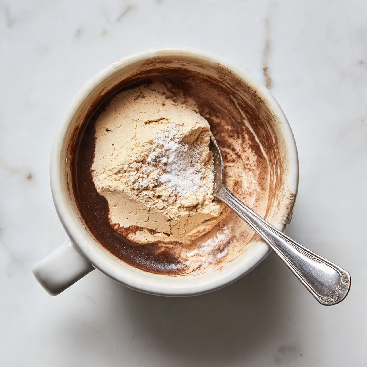 A white mug sits on a white marbled surface, filled with a dark brown liquid at the bottom layer. On top of the liquid, there is a thick layer of light beige powder with a small heap of white powder in the center. A silver spoon is partially submerged in the powders and liquid, resting inside the mug's rim on the right side, showing a detailed, slightly ornate handle. The inside sides of the mug have some light brown stains from the liquid. photo taken with an iphone --ar 4:5 --v 7