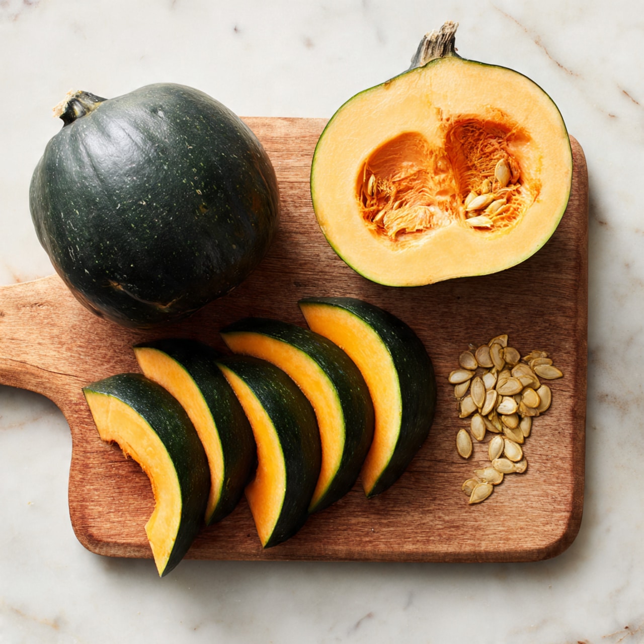 A wooden cutting board sits on a white marbled surface. On the board, there is a whole dark green acorn squash on the left side. Next to it is the other half of the squash with the seeds taken out, showing its smooth, light orange flesh inside. In the middle bottom of the board, a portion of the squash is cut into five even thick slices with dark green skin and bright orange inside. On the right side of the board is a small pile of pale yellow seeds and squash fibers. photo taken with an iphone --ar 4:5 --v 7