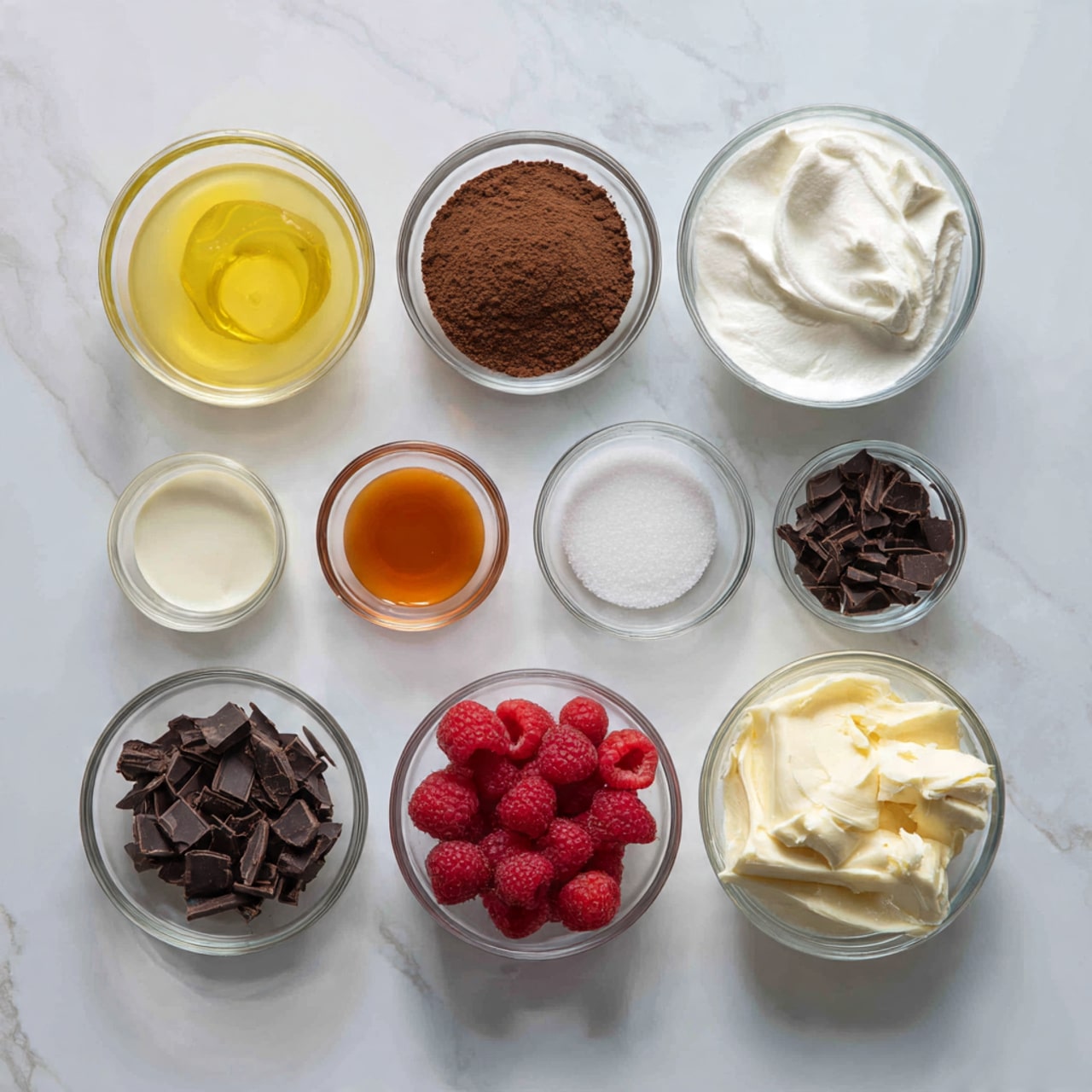 The image shows eleven clear glass bowls and one white bowl arranged neatly on a white marbled surface. On the top row from left to right are a bowl with translucent yellow egg whites, a bowl filled with white granulated sugar, and a bowl of thick white cream. The middle row presents a bowl of brown cocoa powder, a small bowl of orange vanilla extract, a small bowl of white powder (likely baking soda), a small bowl with dark chocolate shavings, and a small bowl of reddish liquid. On the bottom row from left to right are the white bowl filled with fresh red raspberries, a bowl with chopped dark chocolate, a bowl of white granulated sugar, and a bowl with smooth light cream cheese. The arrangement is clean and minimalist. Photo taken with an iphone --ar 4:5 --v 7