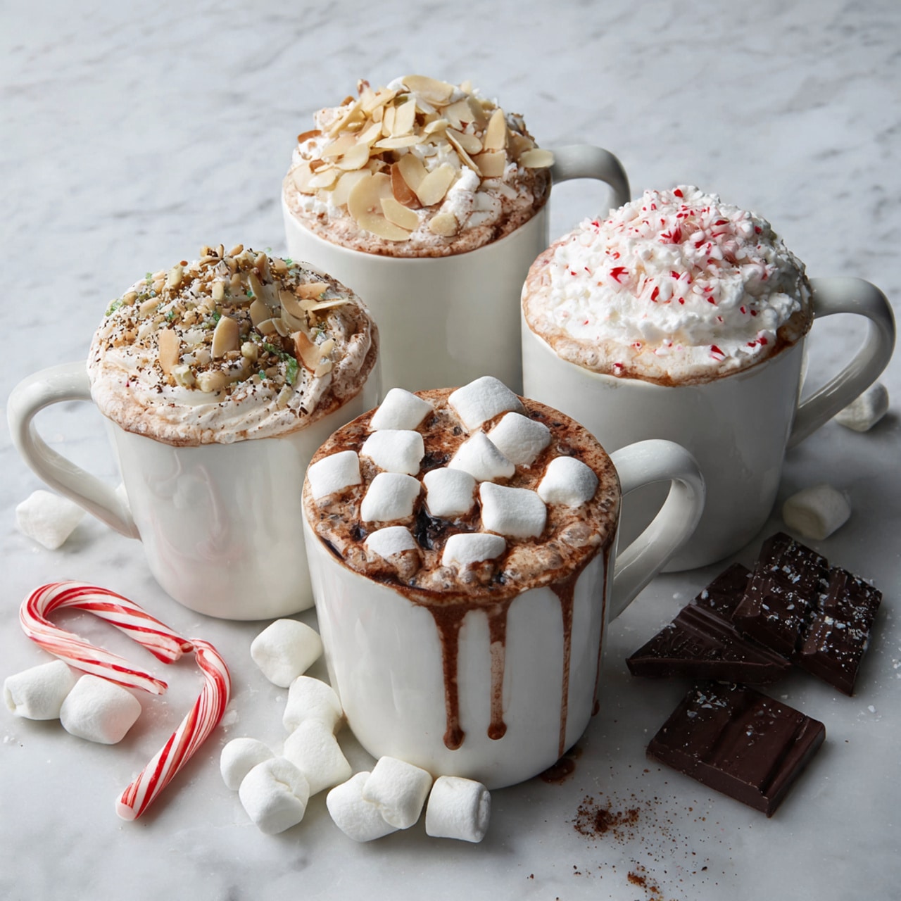 A white cup filled with light brown hot chocolate topped with large white marshmallows, some whole and some broken, drizzled with dark chocolate syrup creating thin lines and small pools on the marshmallows; the cup is on a white marbled surface scattered with a few small marshmallows around it photo taken with an iphone --ar 4:5 --v 7