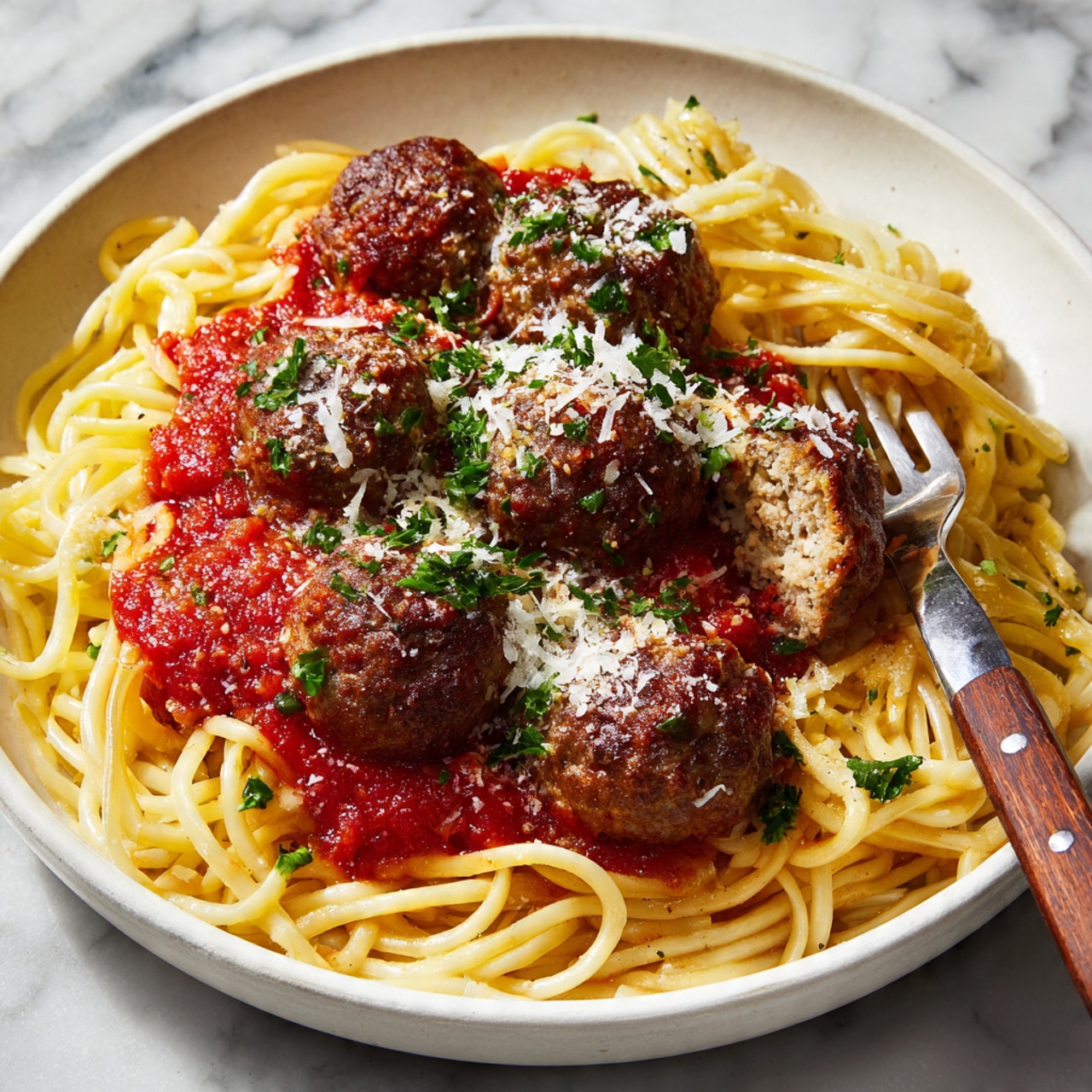 A plate of white ceramic holds a serving of spaghetti with tomato sauce and five meatballs on top. The spaghetti is pale yellow, loosely twisted and forms the base layer, with a bright red chunky tomato sauce spread evenly over the noodles. On top, the meatballs are round and brownish, covered with some sauce and sprinkled with grated cheese and small green herbs. One meatball is sliced in half, showing a moist and textured inside. A fork with a wooden handle is placed on the side of the noodles. The dish is set on a white marbled surface. Photo taken with an iphone --ar 4:5 --v 7
