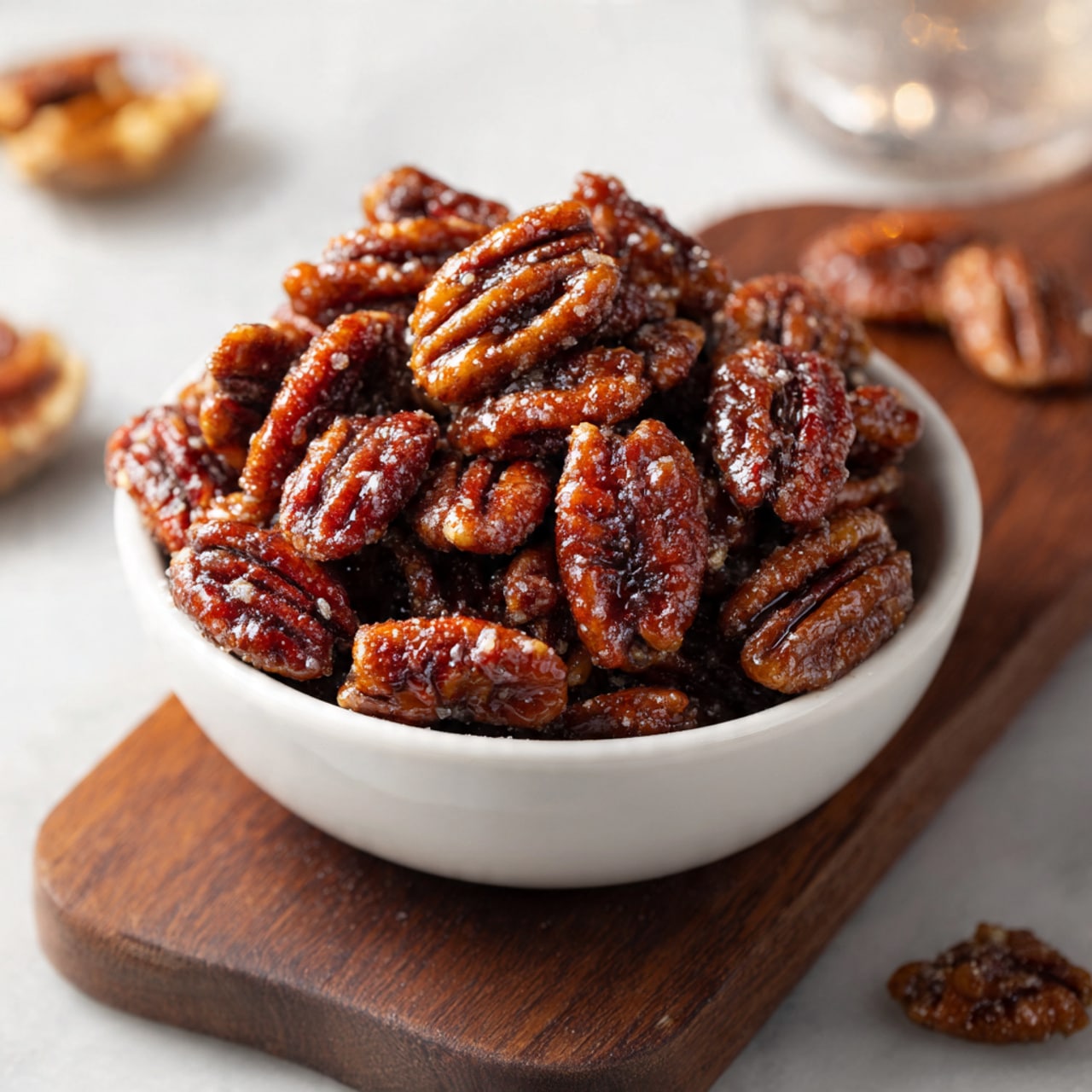 A white bowl filled with glossy, brown caramelized pecans piled up so the nuts show their wrinkled texture and shiny coating, placed on a dark wooden board. A few pecans and small crumbs are scattered near the bowl on a white marbled surface in the background. The focus is tight, showing the details of the nuts' shiny, crunchy texture. photo taken with an iphone --ar 4:5 --v 7