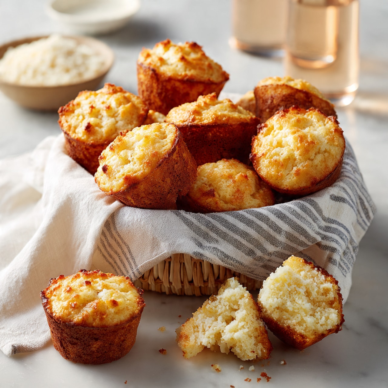 A round basket lined with a white and gray striped cloth holds about twenty small golden-yellow muffins that have a light browned side crust and a soft, slightly cracked top. One muffin is broken into pieces showing a fluffy inside, placed on a white marbled surface nearby. In the blurred background, there is a glass of pale liquid and a small bowl filled with white crumbs. photo taken with an iphone --ar 4:5 --v 7
