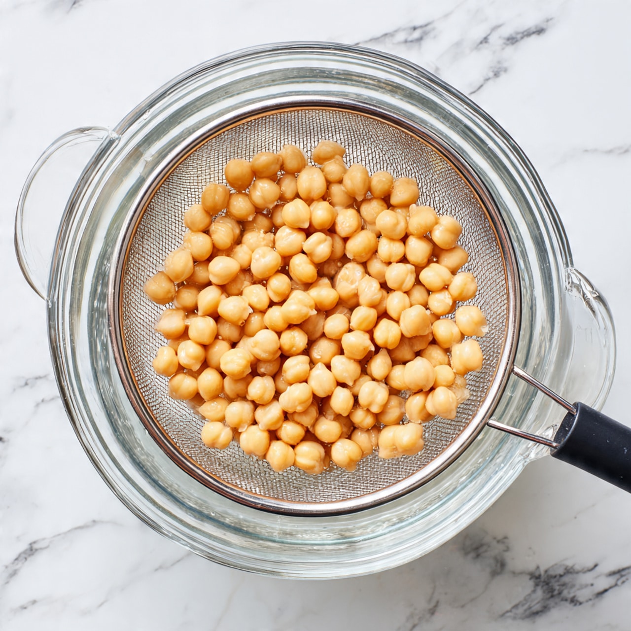The image shows a metal fine mesh strainer filled with light beige chickpeas resting on top of a clear glass bowl that contains water. The chickpeas are round and smooth, filling the strainer evenly in one layer. The strainer has a black handle extending outward in the lower left corner. The setup is placed on a white marbled surface. photo taken with an iphone --ar 4:5 --v 7