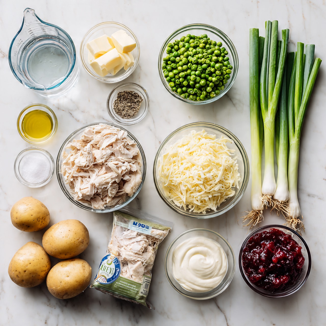 The image shows various clear glass bowls and containers arranged neatly on a white marbled surface, each filled with different ingredients. Starting from the top left, there is a tall glass measuring cup filled with water, followed by a small bowl with salt and pepper, and another small bowl with two pieces of butter. Next is a bowl containing green peas, and on the far right, three whole green onions with white bulbs are laid side by side. Below these, a packet of turkey gravy mix sits beside a metal measuring cup packed with stuffing. To the right, there is a bowl of shredded cheddar cheese, a small white container filled with shredded turkey, and below these two, a small bowl of olive oil, a bowl of cranberry sauce, and a bowl of creamy white sour cream are placed. In the lower left corner, four whole potatoes rest directly on the surface. The ingredients are evenly spaced and clearly visible, with a clean and bright presentation. Photo taken with an iphone --ar 4:5 --v 7