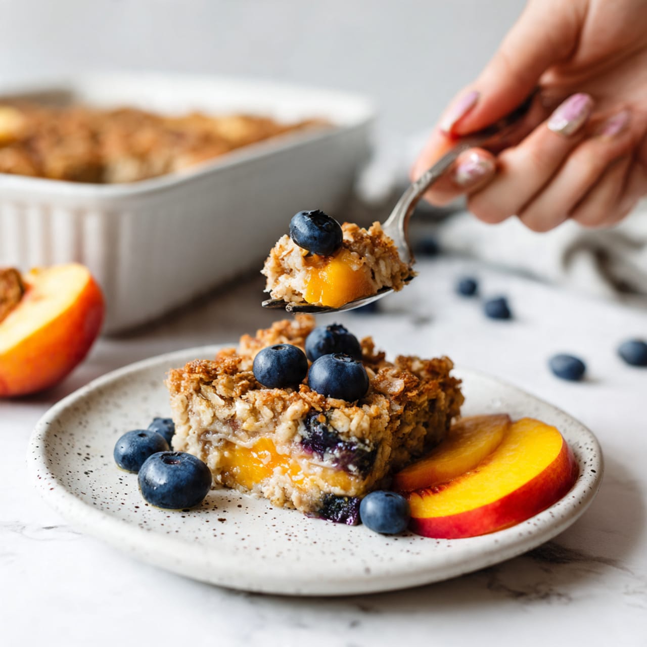 A square piece of baked oatmeal sits on a white plate with small black speckles. The dish has three visible layers: a bottom layer with soft, juicy peach slices, a middle layer of mixed soft oats and peach juices creating a creamy texture, and a thick top layer of golden baked oats with a crumbly texture. On top of the baked oatmeal are three fresh blueberries and a bright yellow peach wedge with a red blush. Around the plate, there are extra blueberries and peach slices. A spoon lifts a bite-sized portion of the oatmeal from the plate, held by a woman's hand. In the background, a white casserole dish with more baked oatmeal is visible on a white marbled surface. photo taken with an iphone --ar 4:5 --v 7