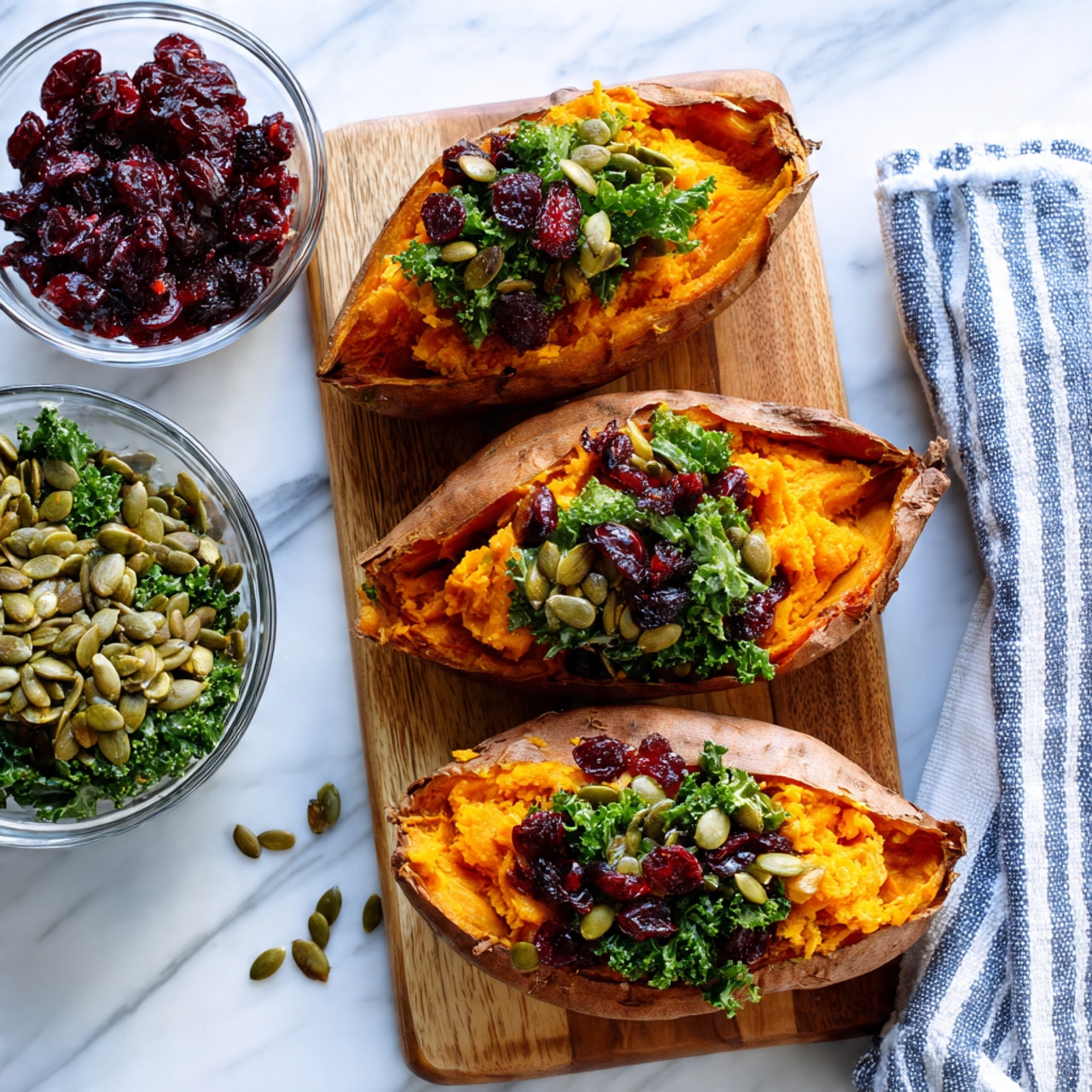 A close-up view shows a white plate with a baked sweet potato cut open, its orange soft inside visible as the base layer. On top, there is a fresh green kale salad mixed with pumpkin seeds and dried cranberries, adding dark red and green colors with a light shine from the dressing. A black fork is lifting a portion of the sweet potato and salad, highlighting the mix of textures and colors with the orange, green, and red layers. The background is a white marbled surface. Photo taken with an iphone --ar 4:5 --v 7