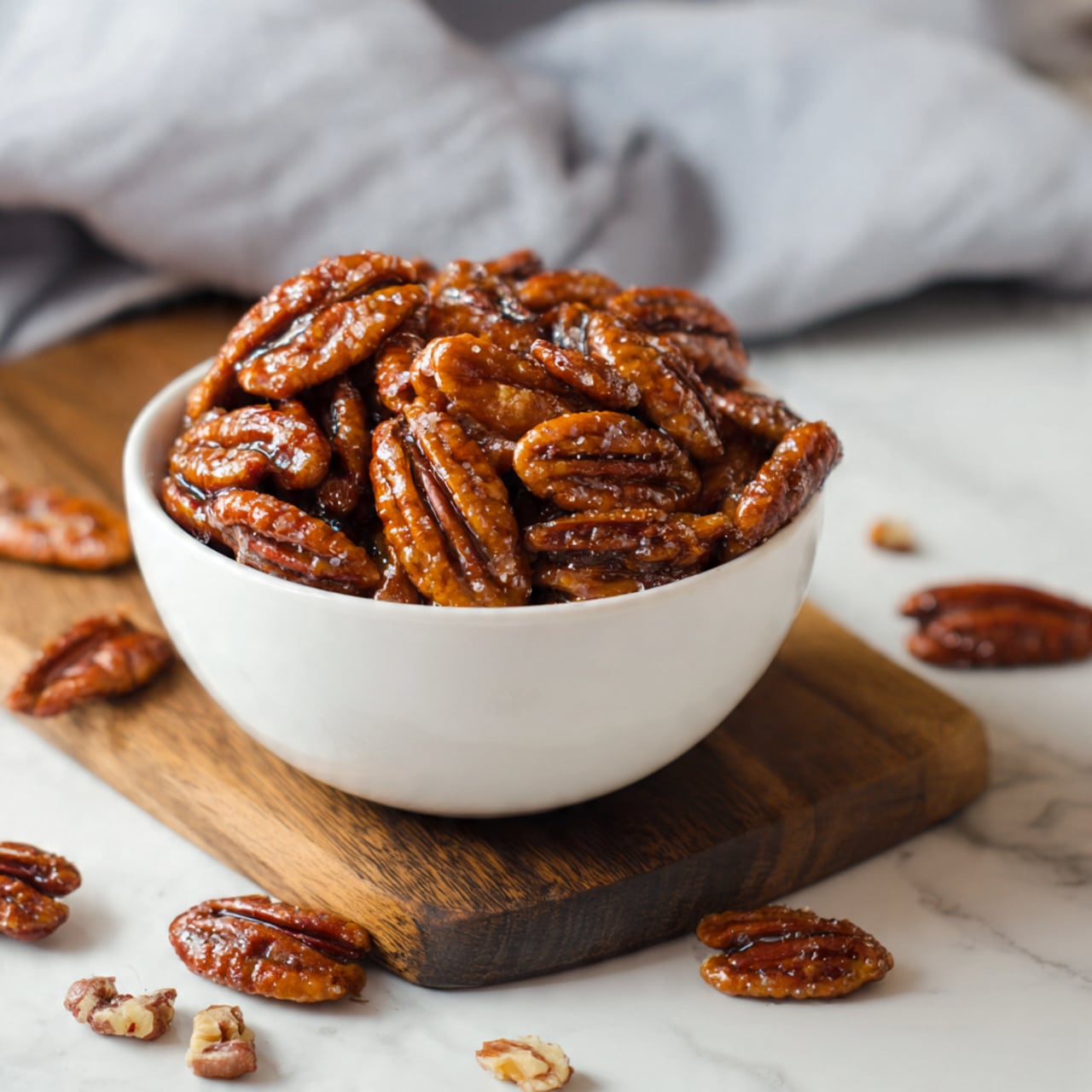 A close-up image of a bowl full of shiny, caramel-colored glazed pecans with a glossy, textured surface. The pecans are piled high inside a white bowl with a smooth finish, placed on a dark wooden board. Around the bowl, there are some loose pecans and crumbs scattered on a white marbled surface, adding a casual, natural feel to the scene. The background shows a soft, out-of-focus light gray cloth. Photo taken with an iphone --ar 4:5 --v 7