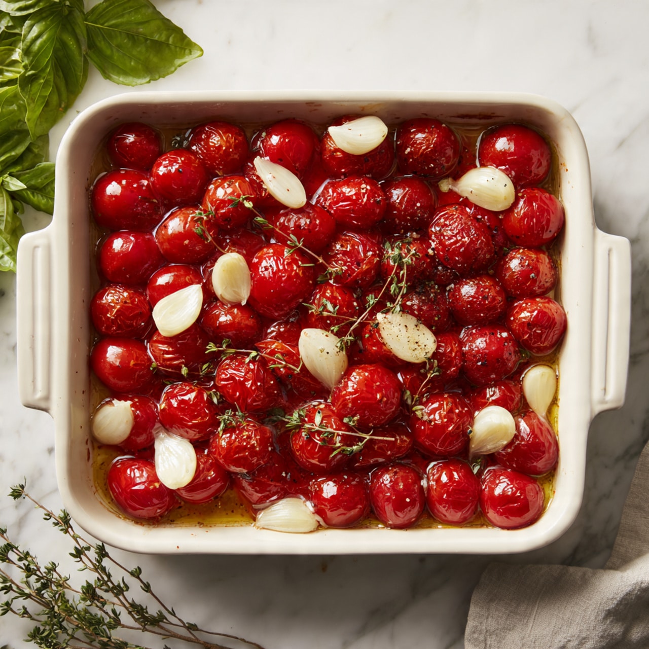 The image shows a white baking dish filled with a single layer of shiny, bright red grape tomatoes. The tomatoes are mixed with thin slices of pale white garlic scattered evenly and small sprigs of fresh green thyme placed on top. The tomatoes have a light coating of oil and black pepper flakes, giving them a glossy, slightly textured look. The dish is set on a white marbled surface, with fresh green basil leaves blurred in the background. photo taken with an iphone --ar 4:5 --v 7