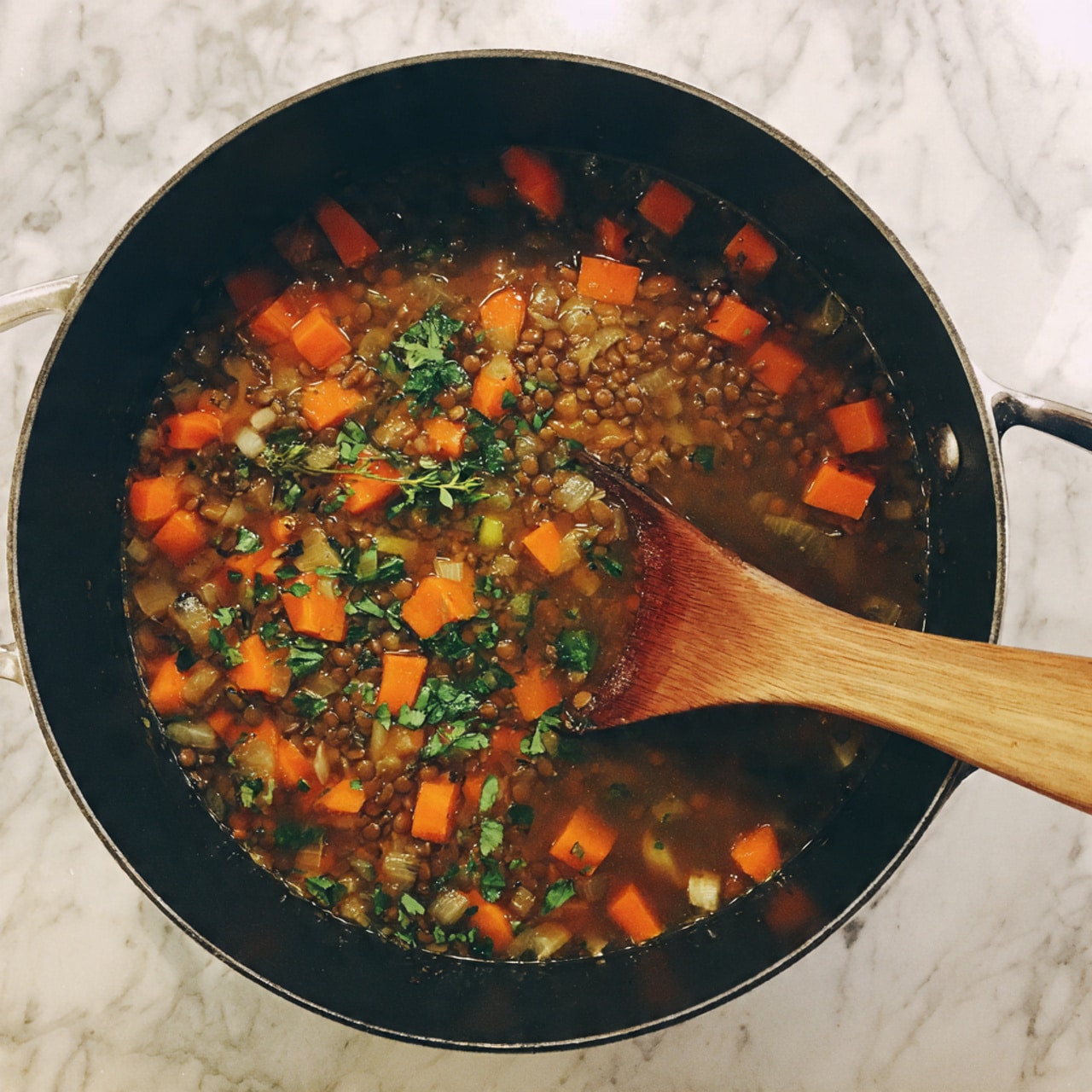 A large black pot filled with a thick soup made of clear brown broth, bright orange carrot cubes, translucent diced onions, small bits of green herbs, and darker grains or lentils, with a wooden spoon resting inside on the right side. The pot is placed on a white marbled surface. Photo taken with an iphone --ar 4:5 --v 7