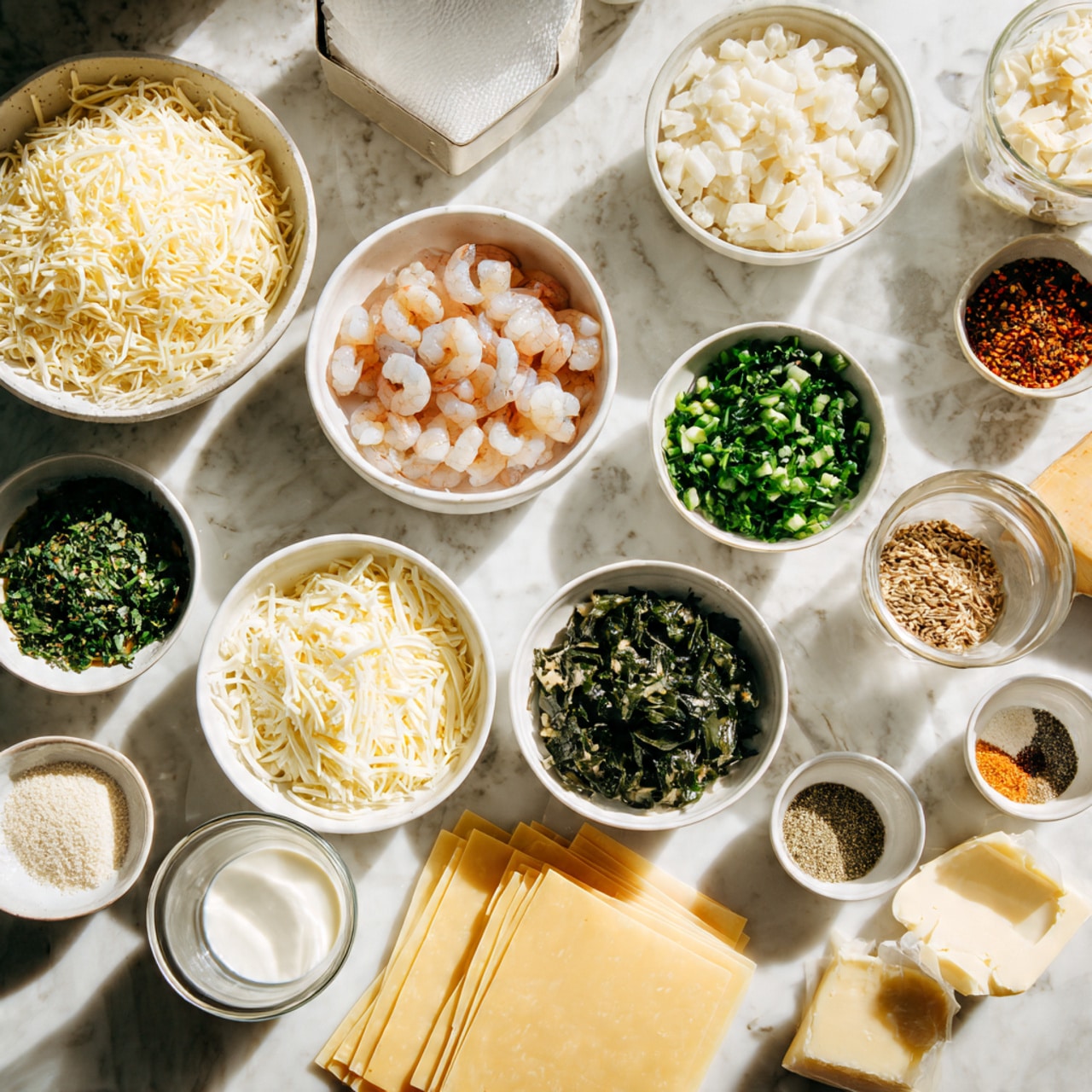 The image shows many white bowls and clear glass bowls arranged on a white marbled surface. There are fourteen bowls filled with different ingredients: a large white bowl full of shredded cheese, another bowl with chopped onions, and one with small peeled shrimp, a bowl with chopped green herbs, another with minced garlic, a bowl of green chopped vegetables, a bowl with chopped cooked spinach, a bowl of diced seafood, a bowl of flour, grated cheese, and three small bowls with various spices and seasonings. There is also a white measuring cup with milk, a stick of butter rind, and uncooked lasagna pasta sheets placed flat at the front. The lighting is bright and natural. photo taken with an iphone --ar 4:5 --v 7