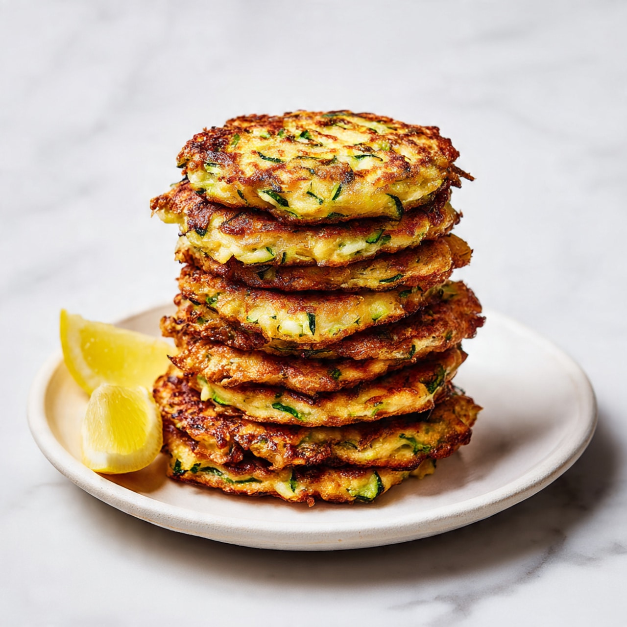 A white plate holds a stack of about ten golden-brown zucchini fritters with visible green zucchini strands and flecks of herbs inside, slightly crispy and uneven around the edges, layered closely on top of each other. At the side of the plate is a small bright yellow lemon wedge. The plate is set against a white marbled surface, creating a fresh and clean presentation. photo taken with an iphone --ar 4:5 --v 7