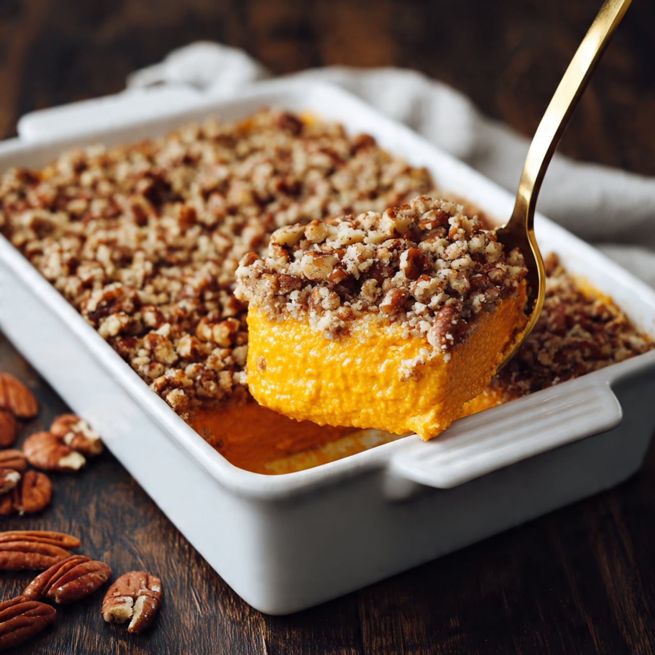 The image shows a close-up of a dessert on a white plate placed on a dark wooden surface. The dessert has two clear layers: the bottom layer is thick and dense with a smooth, bright orange color and texture, while the top layer is crumbly and rough with a mix of light brown and caramel colors, dotted with pecan pieces. A gold fork rests on the plate next to the dessert with some crumbs scattered around. The background has a blurred second plate of the same dessert on the same white marbled texture. photo taken with an iphone --ar 4:5 --v 7