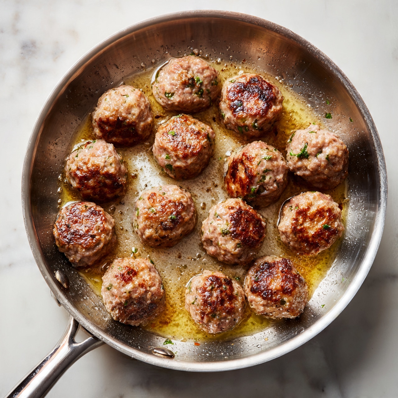 A round, shiny silver pan holds fifteen small meatballs cooking in a thin layer of oil. Each meatball is light brown on some parts, showing a cooked texture with slight browning, while other parts are still pink, indicating they are partially cooked. The pan's surface shows spots of browned bits and oil bubbles, giving a sense of sizzling heat. The pan handle extends out of the frame on the left side. The pan sits on a white marbled surface. photo taken with an iphone --ar 4:5 --v 7