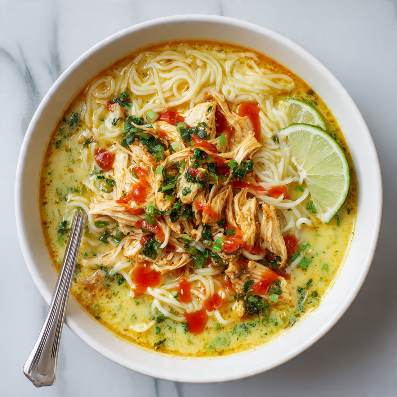 A white bowl filled with a yellow creamy soup, layered with white thin noodles piled in the center. Pieces of light pink cooked chicken are placed around the noodles, mixed with thin yellow strips of ginger or similar root. The dish is topped with bright red sauce drizzled over the noodles, with fresh green herbs like cilantro and chopped green onions scattered on top and around. The bowl rests on a white marbled surface. photo taken with an iphone --ar 4:5 --v 7