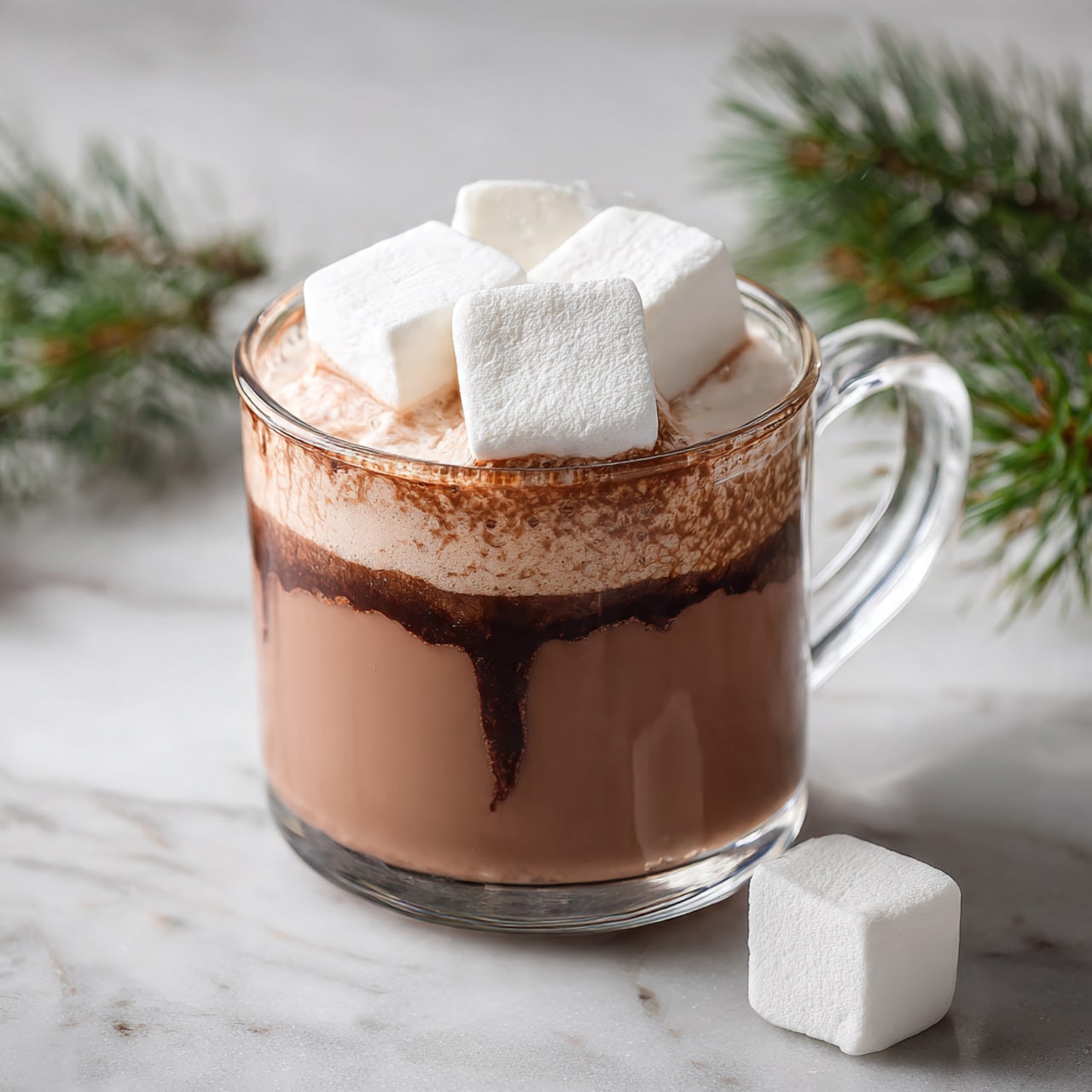 A white slow cooker filled with rich, dark brown melted chocolate topped with several large, soft white marshmallows floating on the surface, with some marshmallows slightly melted around the edges showing a light brown tint; to the left, a small white plate holds more white marshmallows, and a metal whisk with a wooden handle rests nearby; the scene is set on a white marbled surface with a beige checkered cloth in the upper right corner. photo taken with an iphone --ar 4:5 --v 7