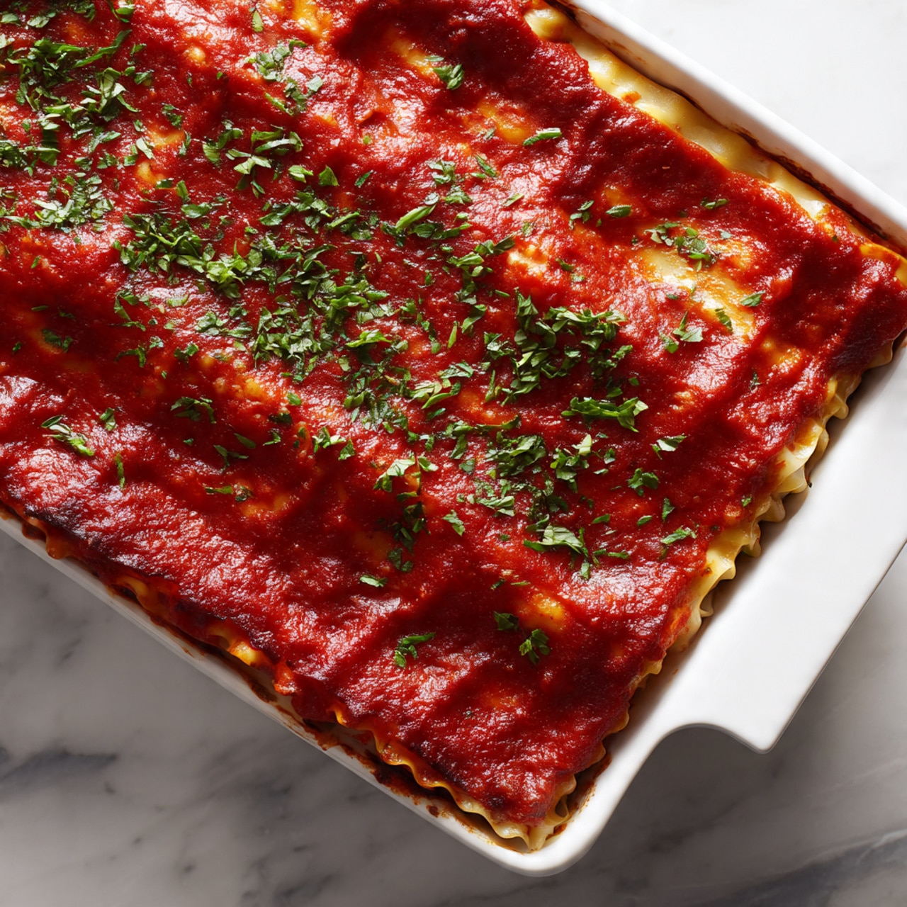 In a white rectangular dish, there is a layer of lasagna noodles arranged flat and side by side with a pale yellow color and wavy edges. Below the noodles, a thick white cheese layer is visible at the edges. On top of the noodles, bright red tomato sauce with a smooth texture is being spread by a silver spoon positioned near the bottom center, resting on the noodles. The dish sits on a white marbled surface. photo taken with an iphone --ar 4:5 --v 7