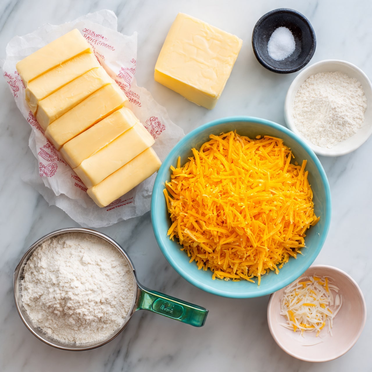 On a white marbled surface, there is a light blue bowl in the center filled with bright orange shredded cheese. Above and to the left, there is a partially unwrapped stick of butter cut into thick yellow blocks on white paper with red text. To the right of the butter, a small black bowl holds a small pile of white salt. Below the cheese bowl, a metal measuring cup with a green handle is filled with white flour. To the left of the flour, a small metal bowl contains a white powder. To the right of the flour, an empty white bowl with a pink interior is placed. Some small bits of shredded cheese are scattered on the surface near the bowls. photo taken with an iphone --ar 4:5 --v 7