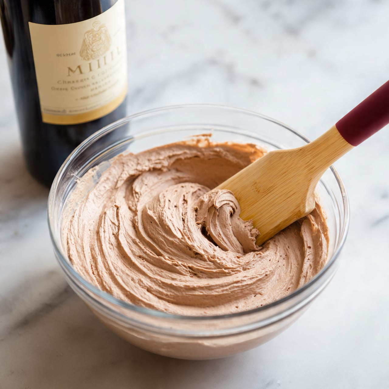 A clear glass bowl filled with smooth, light brown chocolate mousse-like mixture that has a creamy, airy texture. A wooden spatula with a red silicone tip is partially submerged, resting at an angle inside the bowl, showing soft peaks in the mousse. Behind the bowl, a dark bottle with a cream-colored label is partially visible. The bowl is placed on a white marbled surface that adds a clean, bright look to the scene. Photo taken with an iphone --ar 4:5 --v 7