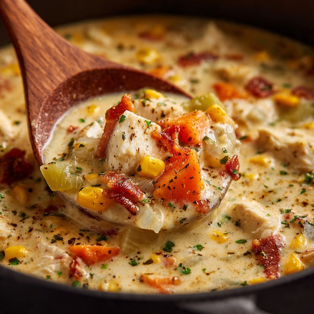 Two white bowls filled with creamy soup that has small orange carrot pieces, yellow corn, and chunks of white meat mixed in. Each bowl has a spoon with a detailed silver handle placed inside. One bowl has a thick slice of brown multi-seed bread resting on the inside edge, while another piece of the same bread sits on a beige cloth with red stitching underneath the bowls. The background is a white marbled texture. Photo taken with an iphone --ar 4:5 --v 7