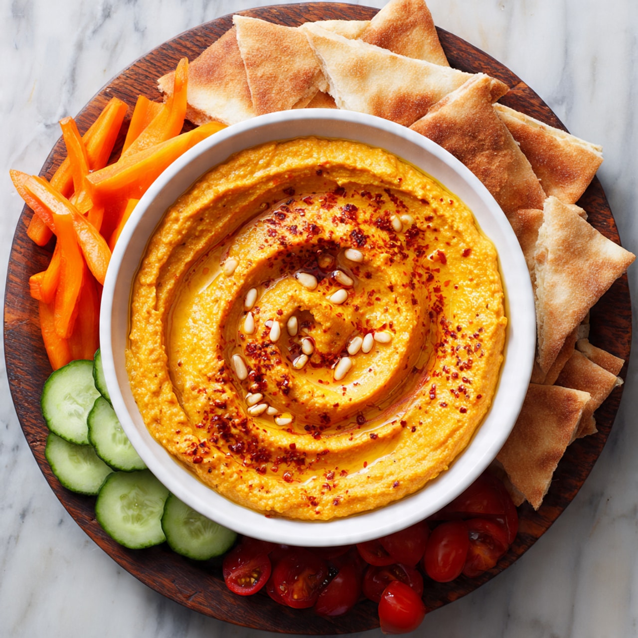 A white bowl filled with smooth, orange hummus sits at the center. The hummus has a spiral pattern on top, drizzled with golden olive oil and sprinkled with small white pine nuts and dark red chili powder. Around the bowl, there are light toasted pita bread triangles placed at the back on a dark wooden board. Bright orange mini peppers, green sliced cucumbers, and halved red cherry tomatoes are arranged around the bowl. The whole scene is placed on a white marbled surface. Photo taken with an iphone --ar 4:5 --v 7