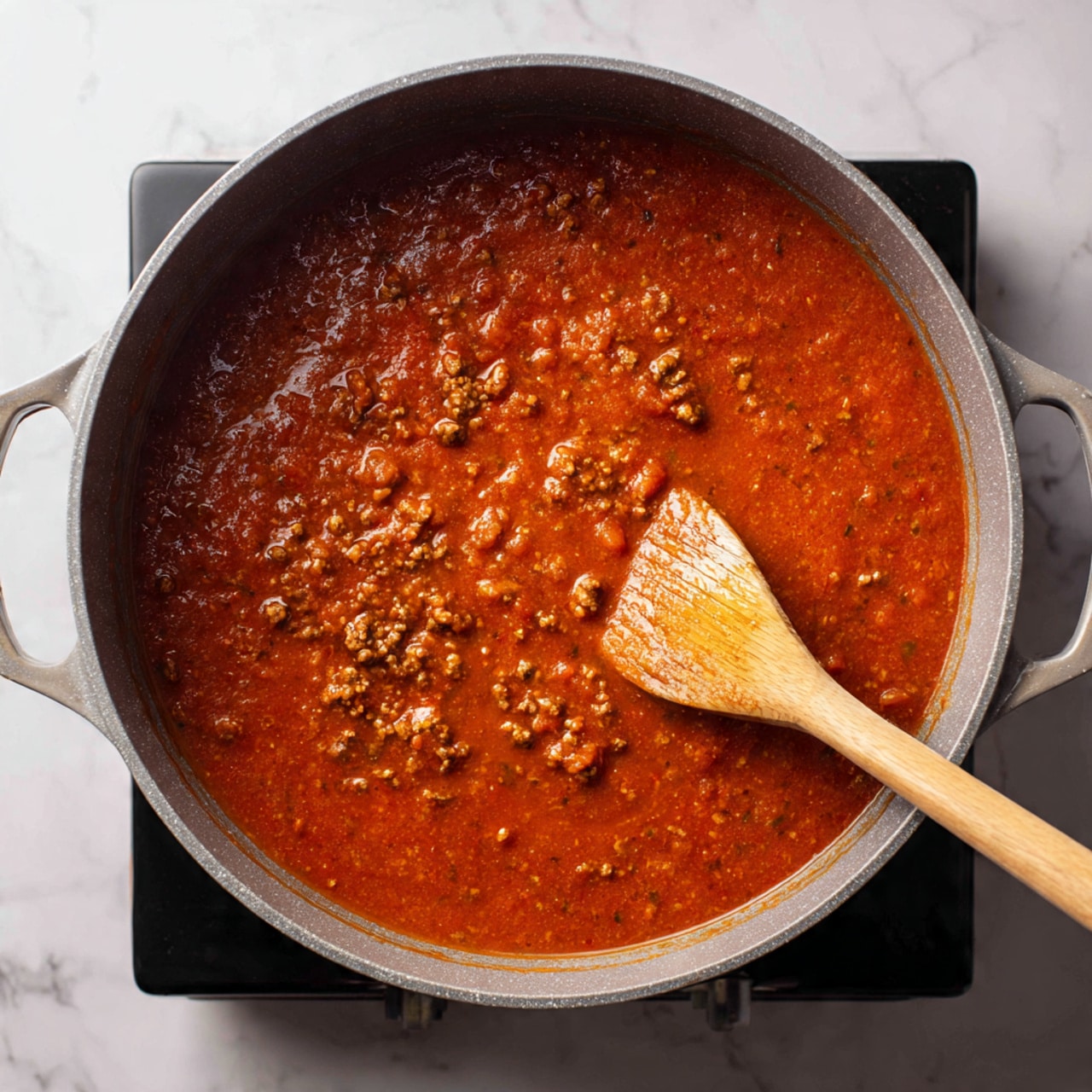 A large gray pot sits on a black stove with a thick red tomato sauce inside, mixed with small brown meat pieces throughout. The sauce has a rich, smooth texture with visible bits of meat that add a slightly chunky look. A wooden spoon with a light natural wood color is partially submerged on the right side, stirring the sauce. The background shows a white marbled surface next to the stove. Photo taken with an iphone --ar 4:5 --v 7