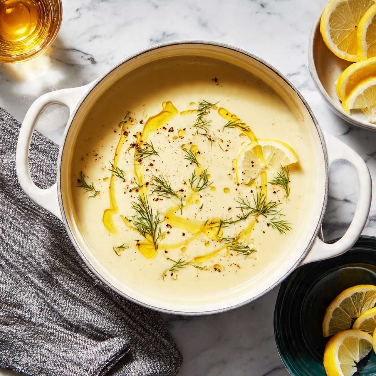 A white pot filled with creamy, pale yellow soup takes center on a white marbled surface. The soup is smooth in texture with a drizzle of golden oil forming swirls on the top layer. Thin lemon slices with bright yellow color float on the surface, along with scattered small green dill sprigs that add fresh contrast. Tiny black pepper specks lightly dot the top. To the left of the pot, there is a gray striped cloth, and in the upper left, a glass container with golden liquid. On the right, there are two lemon wedges and a dark green bowl stacked inside a white bowl. photo taken with an iphone --ar 4:5 --v 7