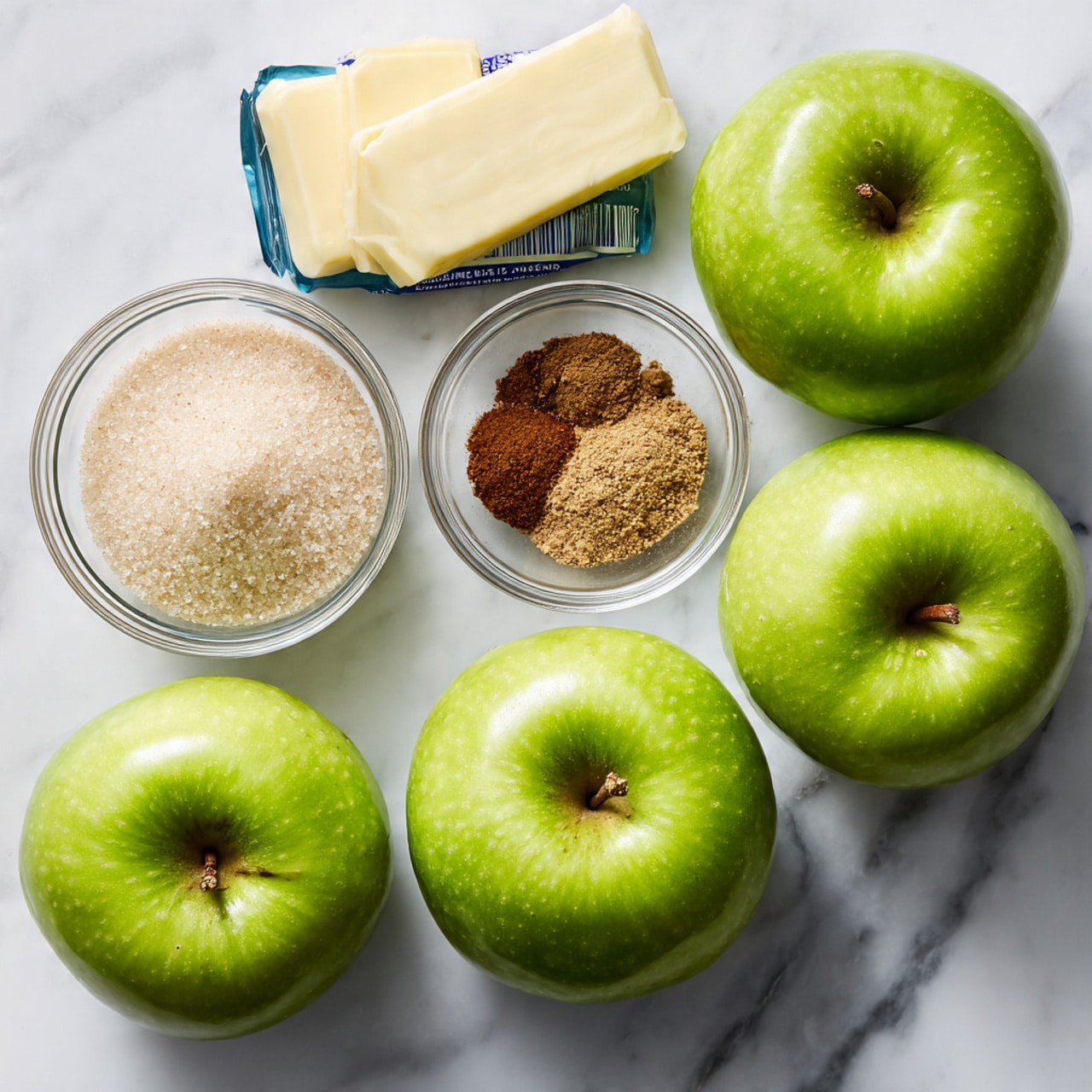 Five green apples with smooth shiny skins are arranged on a white marbled surface, with three in the top row and two in the bottom row. Next to them, there is a small glass bowl filled with white granulated sugar and another small glass bowl containing three different brown spices. Below the bowls, a stick of unsalted sweet cream butter in blue and white packaging is placed. The photo taken with an iphone --ar 4:5 --v 7
