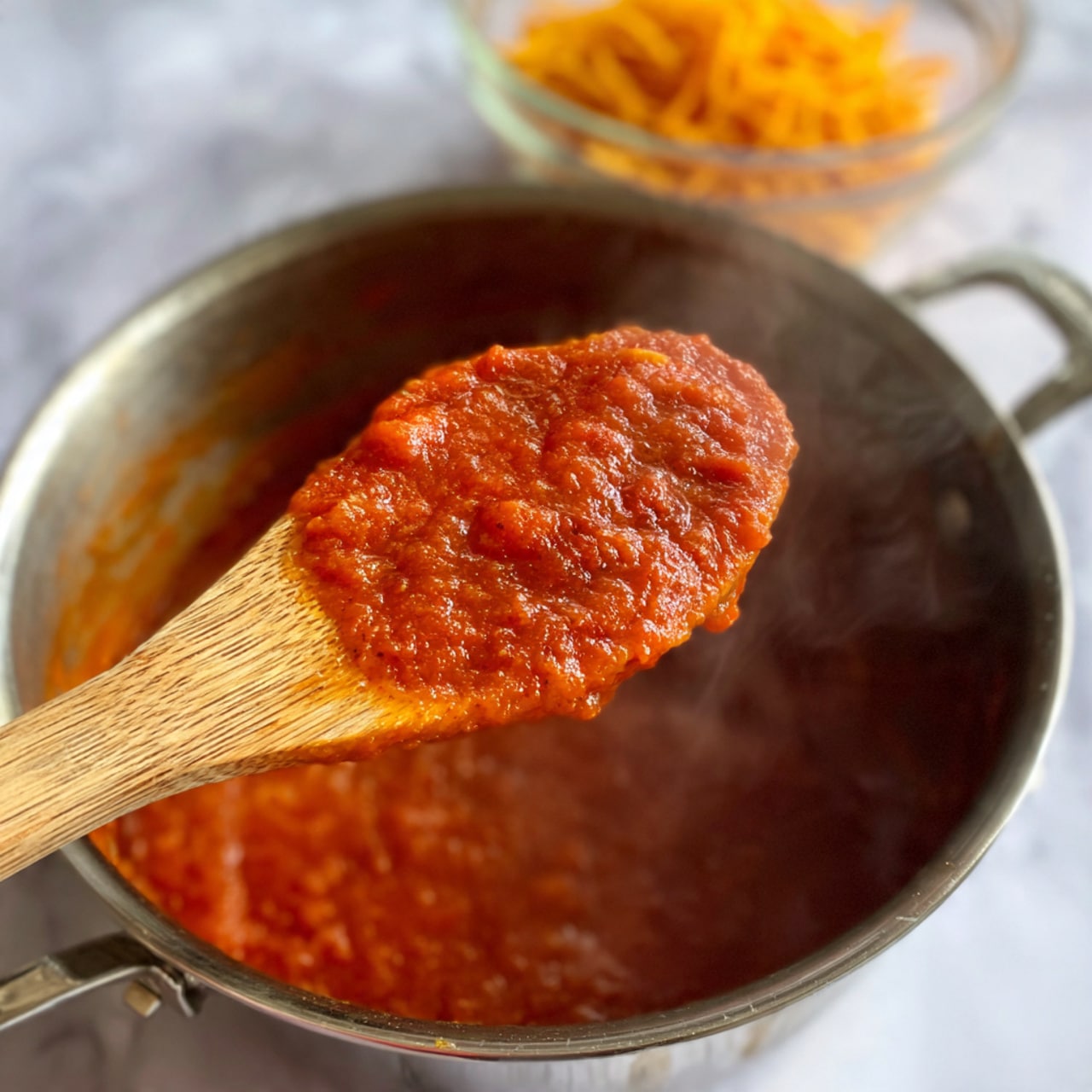 A wooden spoon holds a thick, bright red tomato sauce with a slightly chunky texture, hovering above a shiny metal saucepan filled with the same sauce. The background is a white marbled surface with a blurred glass bowl containing finely shredded orange vegetables in the upper left corner. Visible steam rises from the pan, showing the sauce is hot. Photo taken with an iphone --ar 4:5 --v 7
