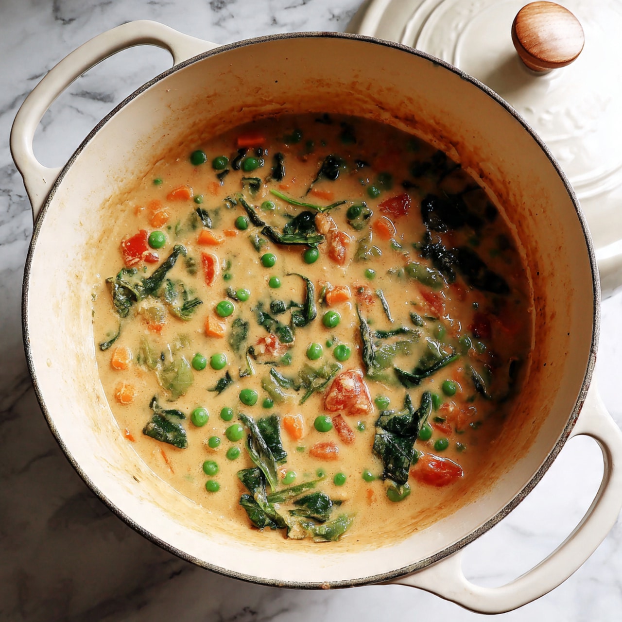 A white pot sits on a stove burner, filled almost to the top with a soup that has a smooth orange-red broth. Small bright green peas float evenly across the surface, adding pops of color. The inside walls of the pot are lightly splattered with droplets of the broth, showing it is simmering gently. The stove grates and a white marbled countertop are visible around the pot. photo taken with an iphone --ar 4:5 --v 7