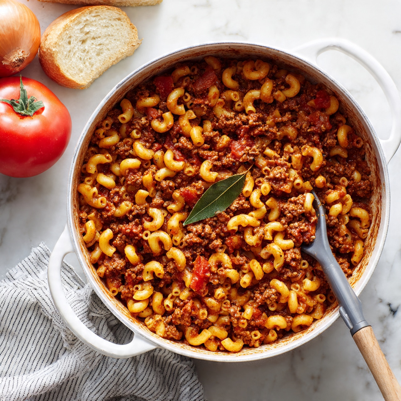 Two white bowls are filled with a rich macaroni pasta dish layered with small elbow-shaped pasta, ground meat, diced green bell peppers, onions, and chunks of red tomatoes, all mixed in a thick brownish-red sauce with visible seasoning. The bowls sit on a light tan surface, surrounded by two pieces of crusty bread on the left, a bunch of fresh green parsley on the top right, and a striped white and black cloth napkin underneath two silver forks on the bottom right. photo taken with an iphone --ar 4:5 --v 7