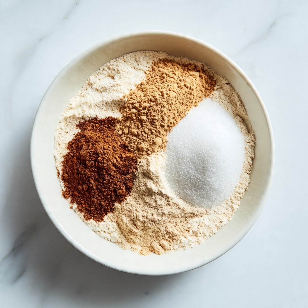 A white bowl holds three main layers of dry ingredients on a white marbled surface. The base layer is a fine, light beige flour, filling almost the entire bowl. On the right side of the flour, there is a small mound of white granulated sugar with a slightly crystalline texture. To the left of the sugar, two overlapping piles of brown powders sit side by side: one is a darker brown, finely ground spice, and the other is a lighter brown powder. The layers are dry and powdery, clearly separated but close to each other, and the bowl has a smooth, clean white inner surface. photo taken with an iphone --ar 4:5 --v 7