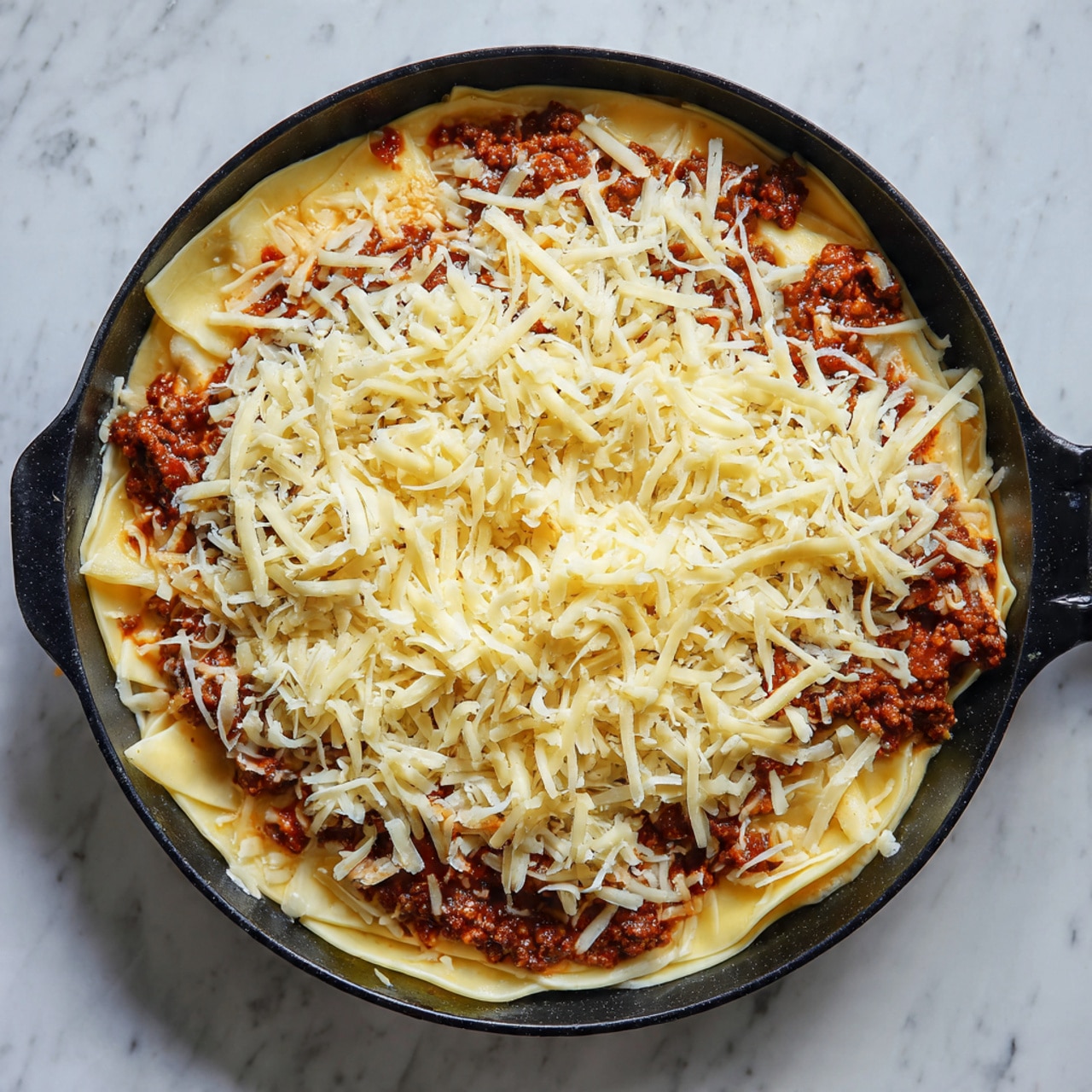A black cast iron pan filled with a dish made of several layers, starting with a bottom layer of pasta or dough that is pale yellow and smooth. The next layer is scattered with browned meat sauce, which is deep reddish-brown and chunky, spread unevenly across the surface. The top layer is a generous amount of shredded cheese that is pale yellow with some white strands, loosely covering the meat and dough. The pan is placed on a white marbled surface. Photo taken with an iphone --ar 4:5 --v 7