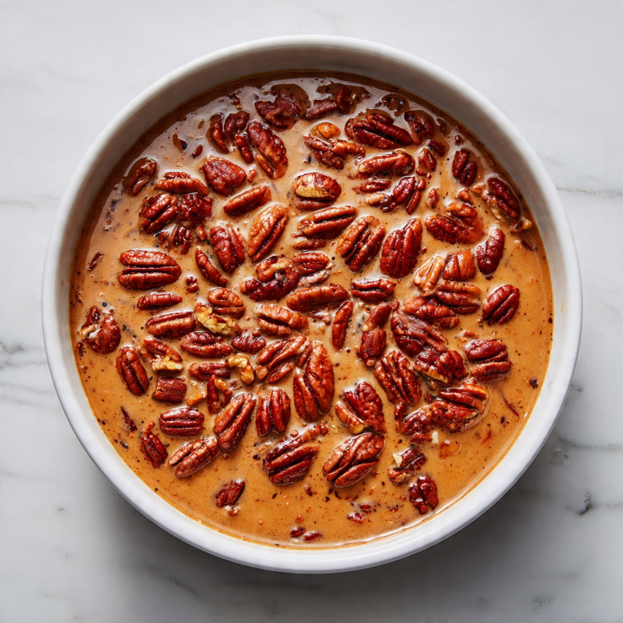 A white bowl placed on a white marbled surface holds a light brown, smooth liquid mixture filling the base layer. On top of the liquid, there is a thick layer of whole and halved pecan nuts, showing a rich reddish-brown color with visible ridges and texture. The pecans cover the liquid fully but are unevenly spread, creating a natural, slightly scattered look. The inside of the bowl has slight splashes of the brown liquid around the edges. photo taken with an iphone --ar 4:5 --v 7
