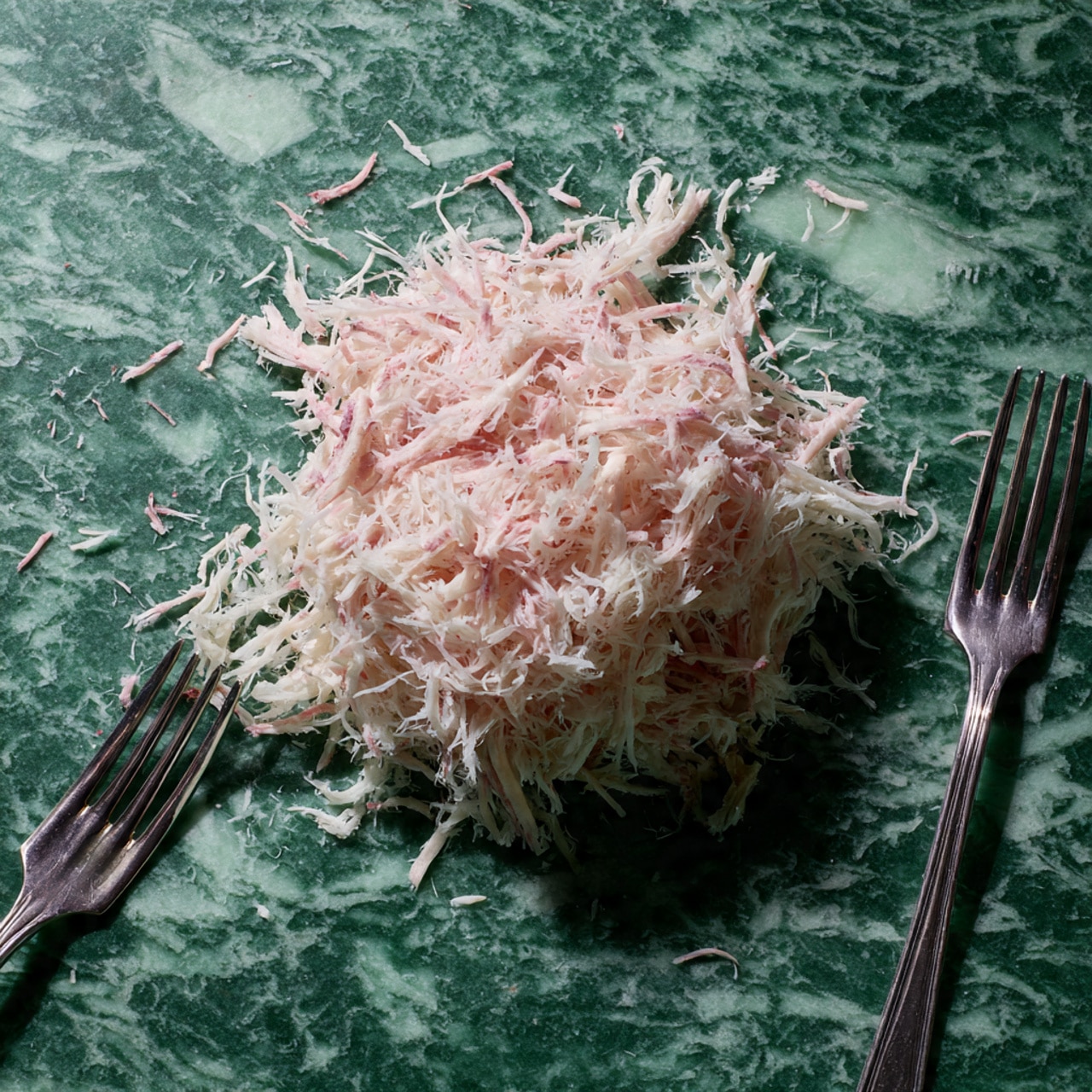 A pile of white shredded meat with a slightly pink hue is placed directly on a green textured surface, with small pieces scattered around it. Two silver forks rest nearby on either side of the mound, their handles reflecting light. The shredded strands have a soft, fibrous texture and are uneven in size and shape, appearing freshly prepared. The background is a white marbled texture. photo taken with an iphone --ar 4:5 --v 7
